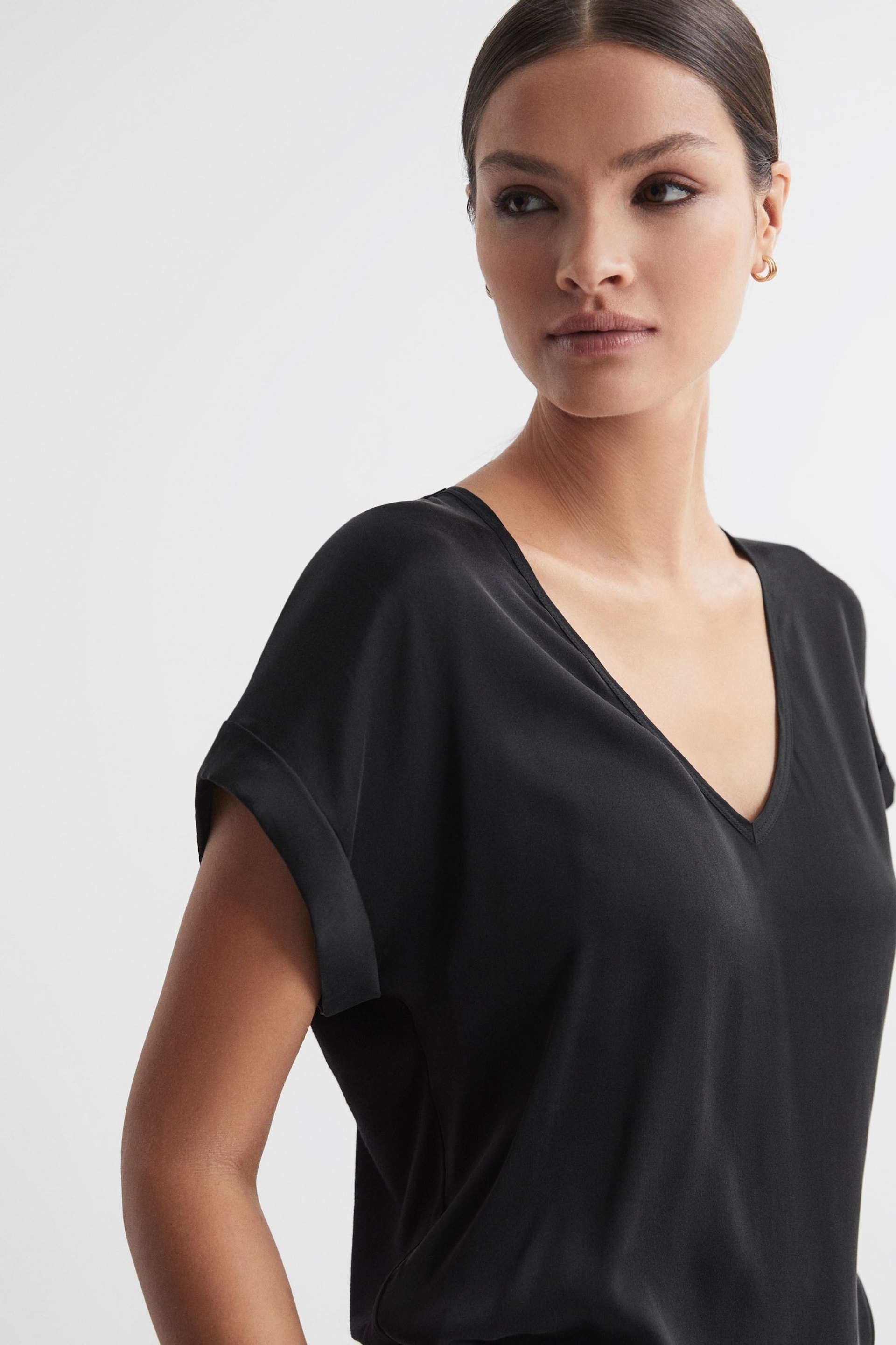 Reiss Black Natalia Silk-Front V-Neck T-Shirt - Image 1 of 4