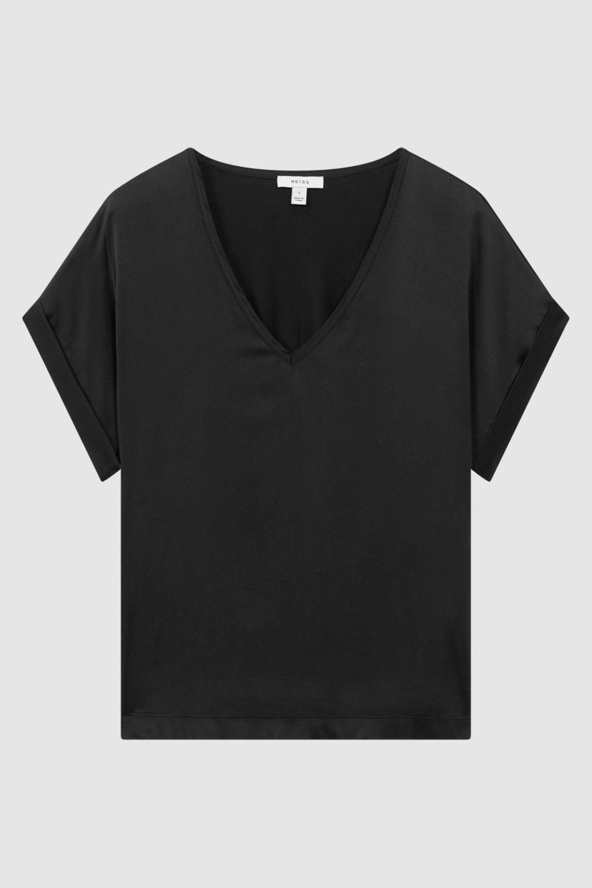 Reiss Black Natalia Silk-Front V-Neck T-Shirt - Image 2 of 4