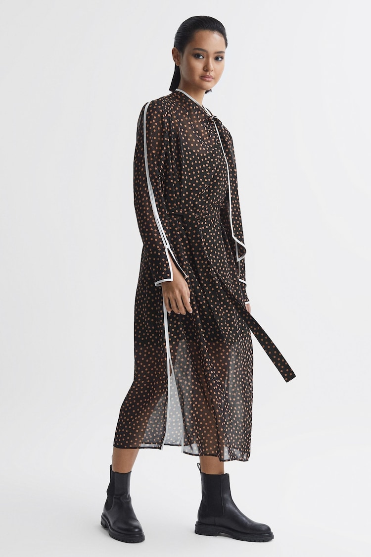 Reiss Black/Brown Aria Polka Dot Tie Neck Midi Dress - Image 1 of 5