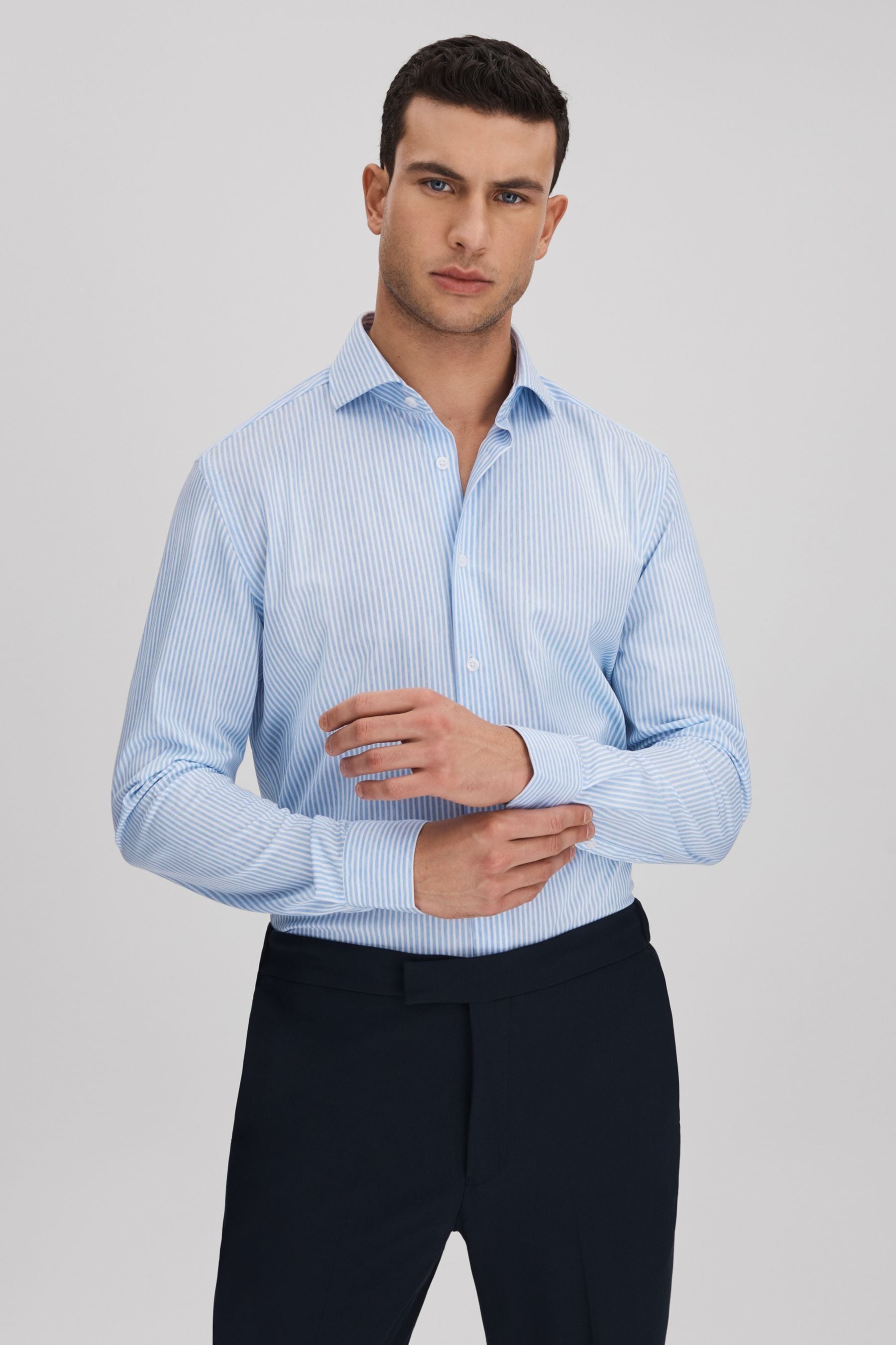 Reiss White Soft Blue Striped Cutaway Collar Shirt XXL