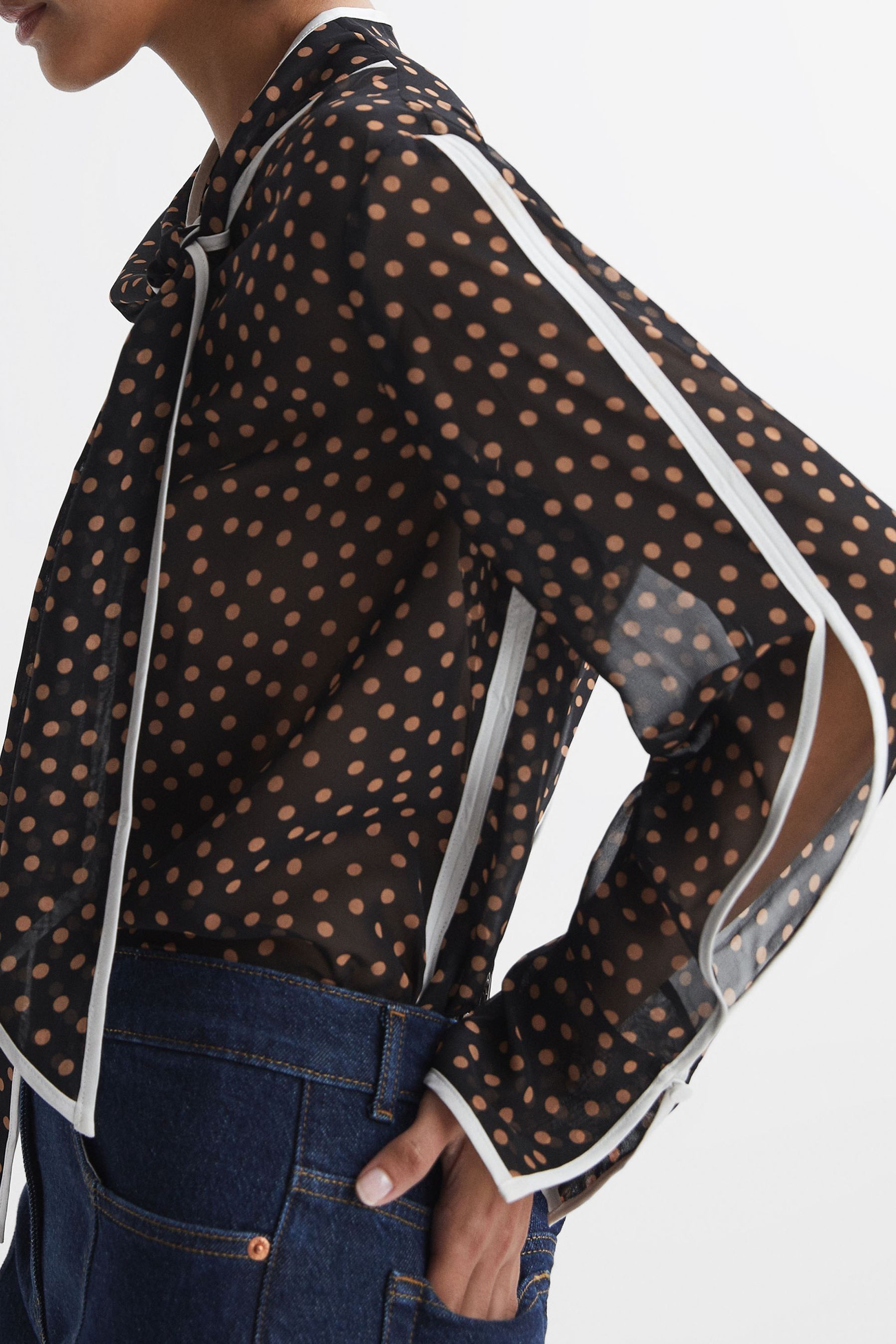 Reiss Black Rust Nerin Polka Dot Tie Neck Blouse