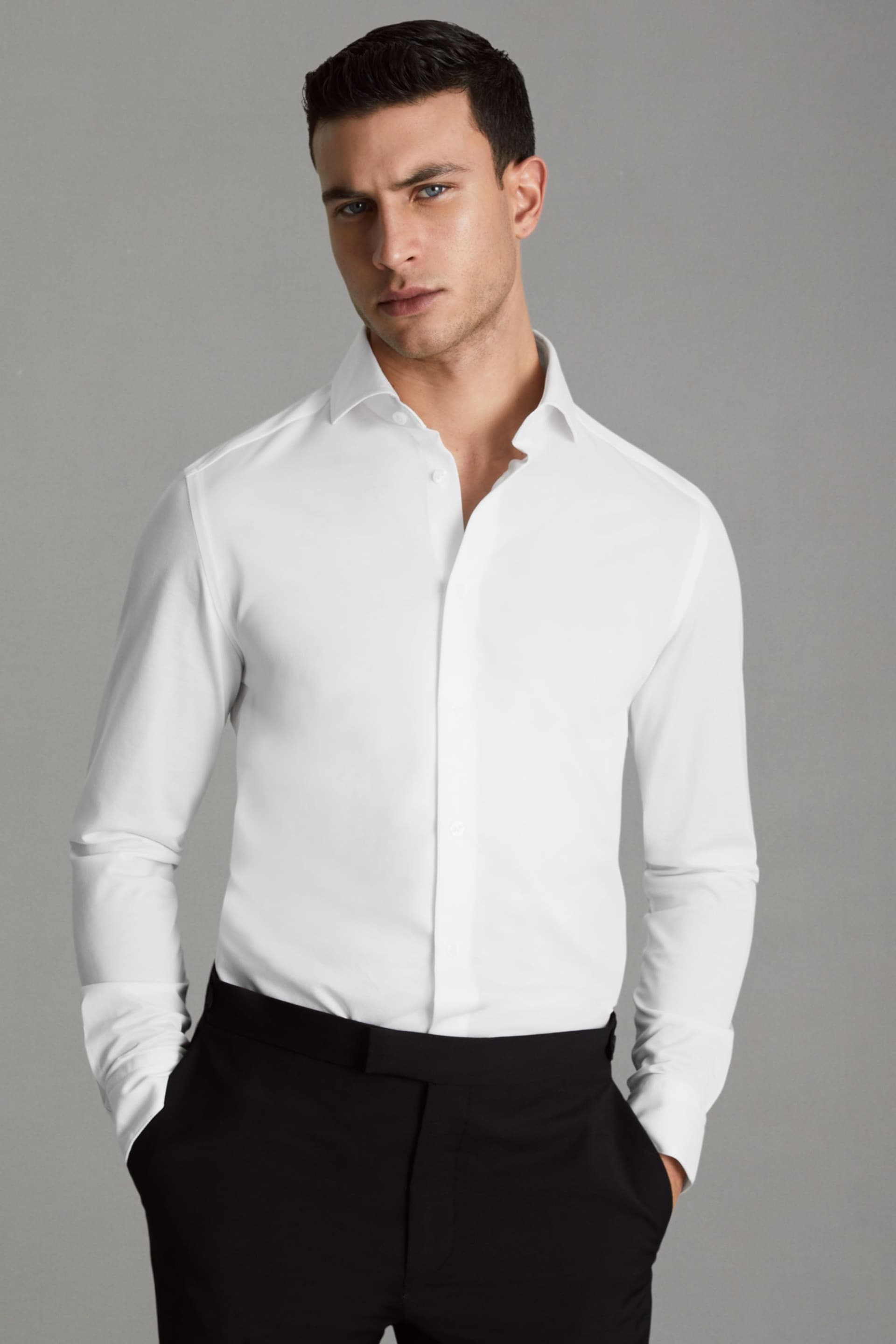 Reiss White Nate Cutaway Collar Jersey Slim Fit Shirt - Image 1 of 6