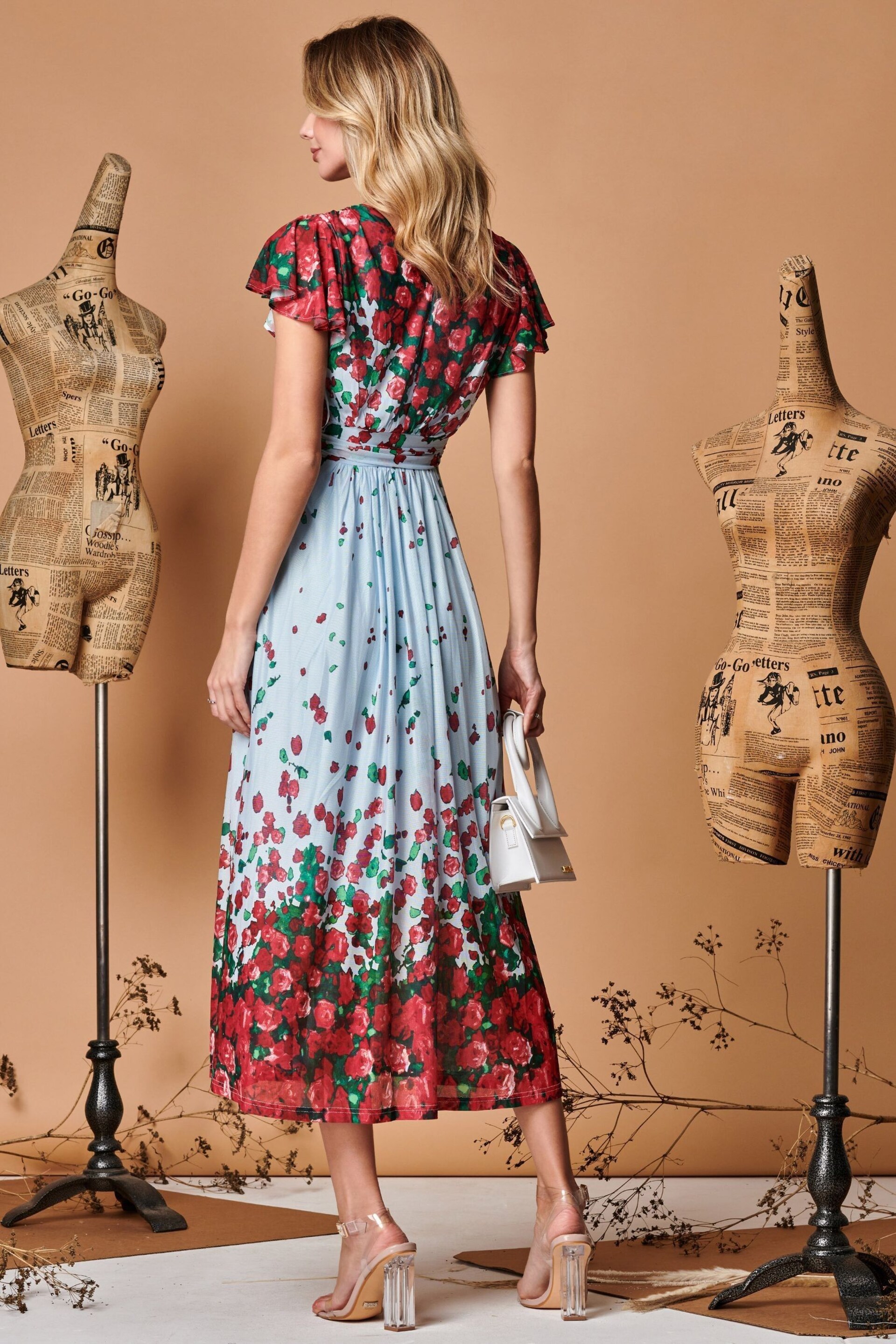 Jolie Moi Blue Symmetrical Floral Print Mesh Maxi Dress - Image 2 of 5