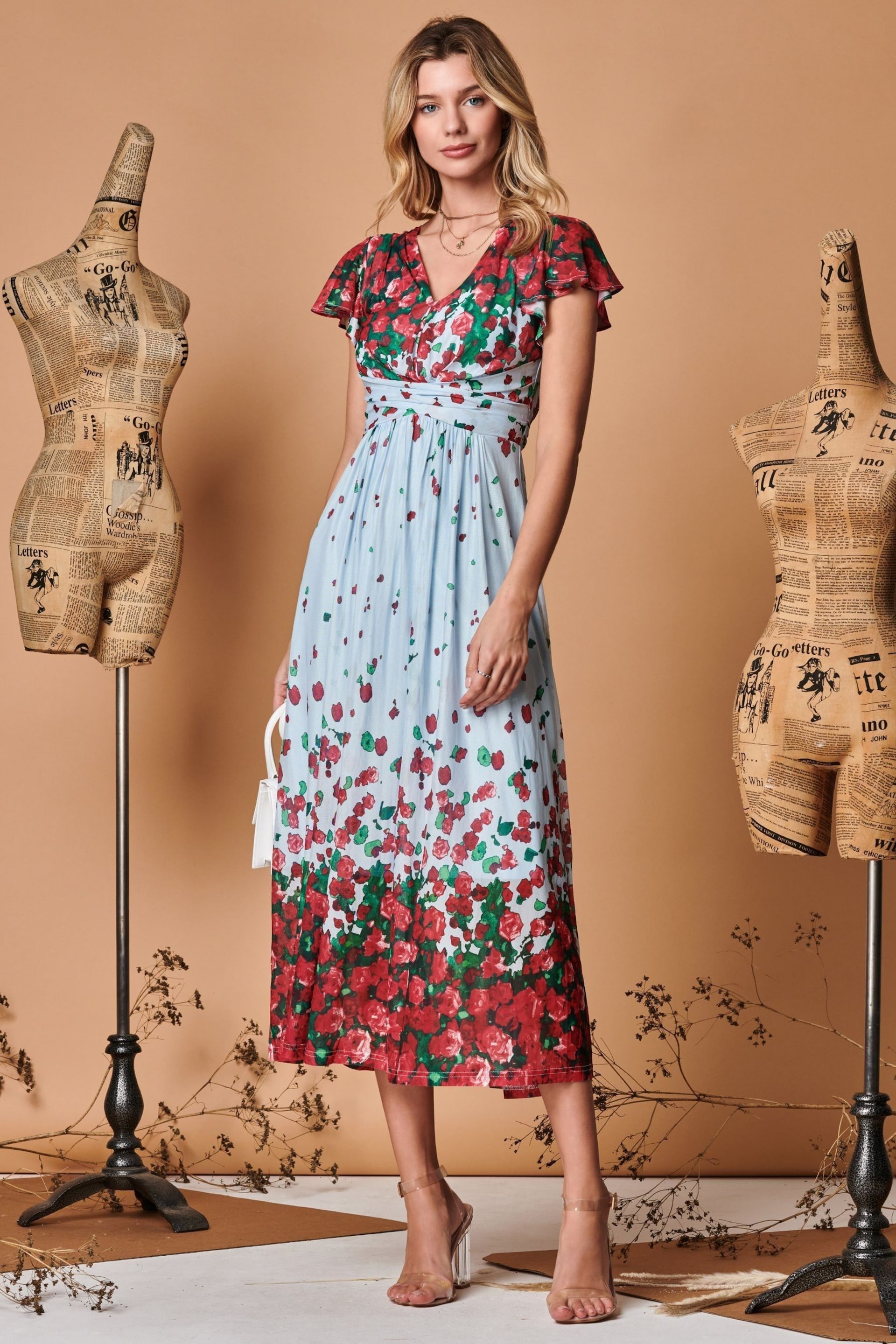 Jolie Moi Blue Symmetrical Floral Print Mesh Maxi Dress - Image 3 of 5