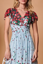 Jolie Moi Blue Symmetrical Floral Print Mesh Maxi Dress - Image 5 of 5