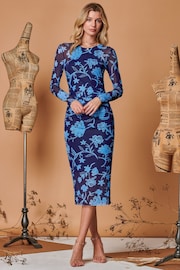 Jolie Moi Blue Long Sleeve Mesh Bodycon Maxi Dress - Image 1 of 5