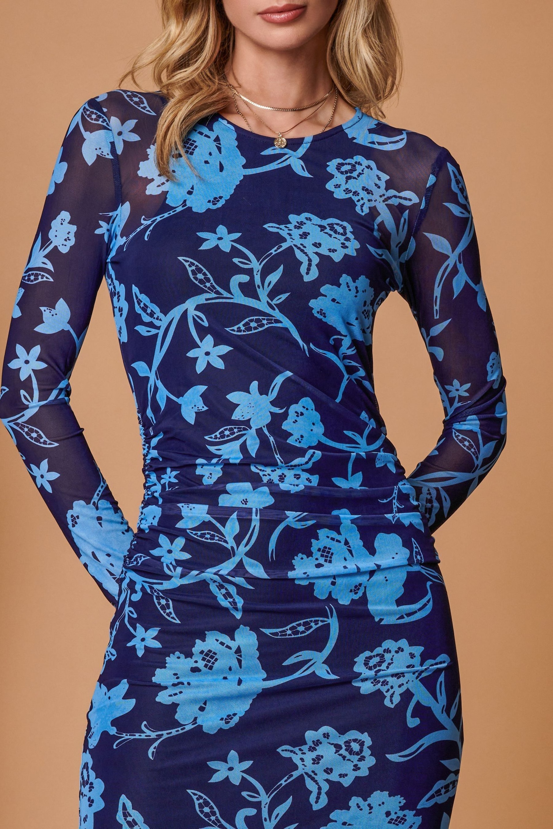Jolie Moi Blue Long Sleeve Mesh Bodycon Maxi Dress - Image 5 of 5