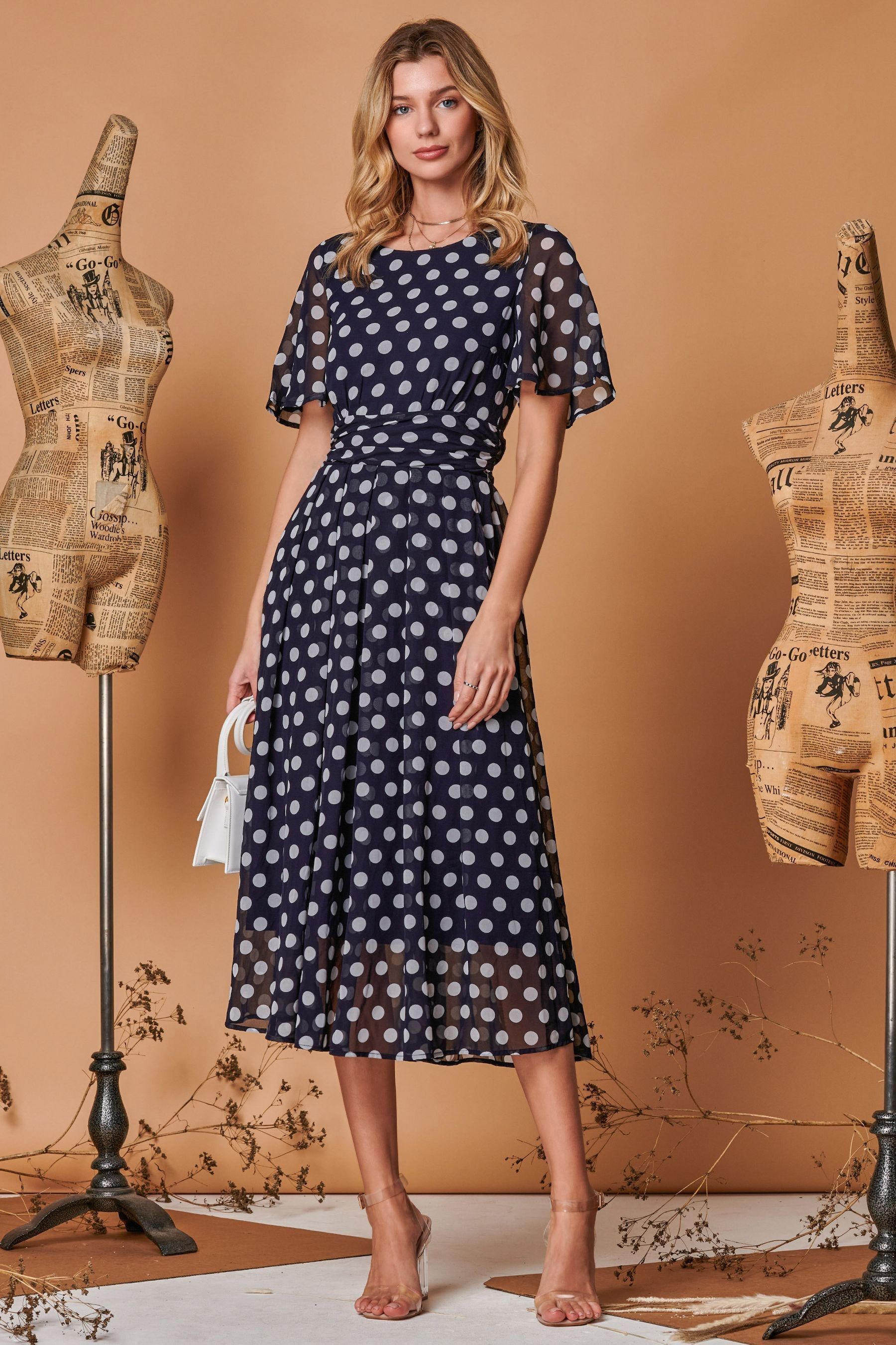 Buy Jolie Moi Navy Blue Polka Dot Angel Sleeve Metallic Chiffon Midi Dress from Next Luxembourg