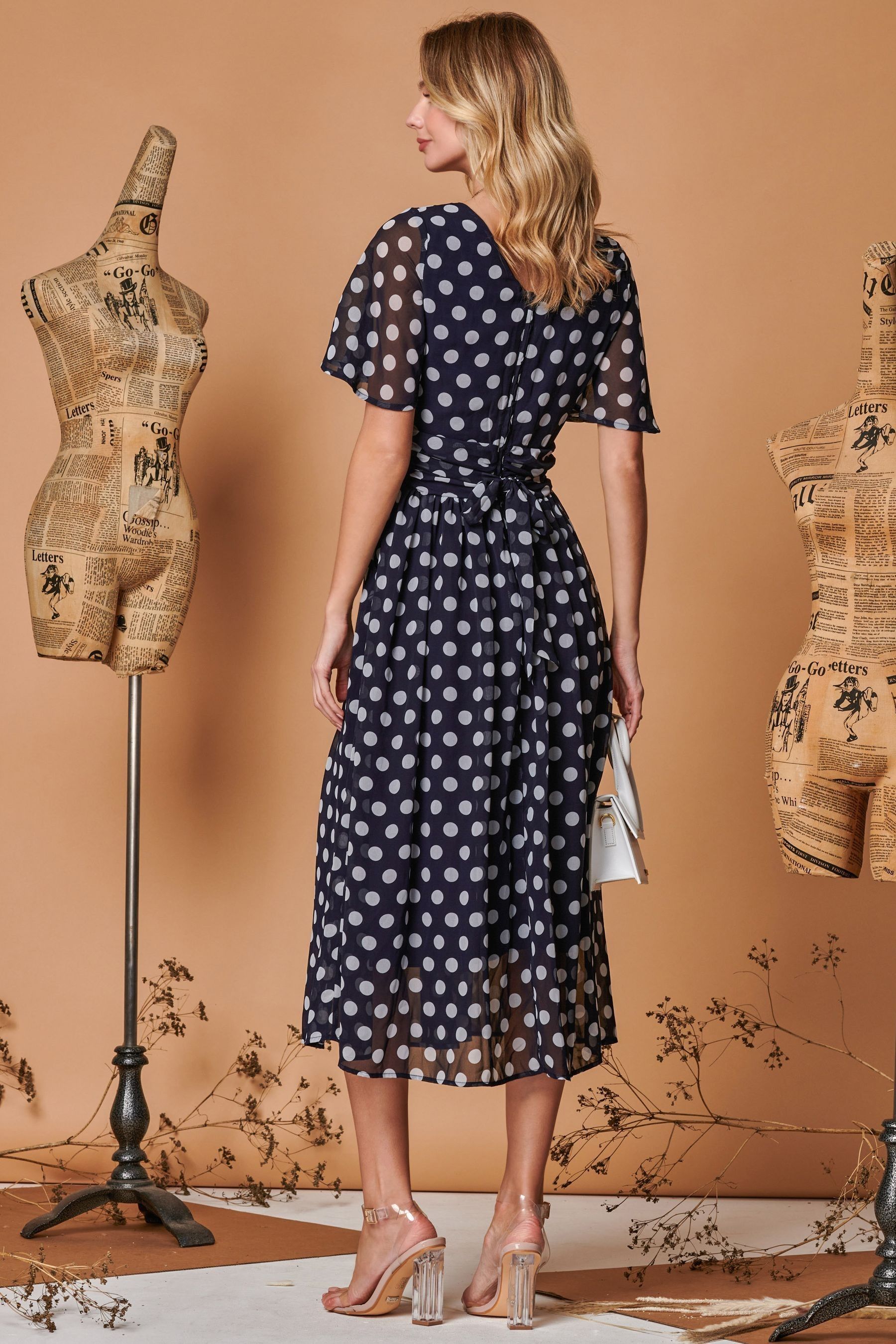 Buy Jolie Moi Navy Blue Polka Dot Angel Sleeve Metallic Chiffon Midi Dress from Next Luxembourg