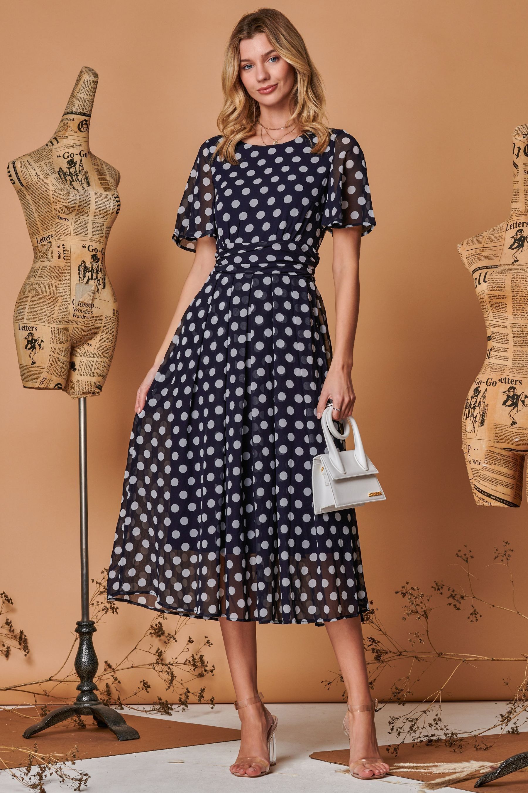 Buy Jolie Moi Navy Blue Polka Dot Angel Sleeve Metallic Chiffon Midi Dress from Next Luxembourg