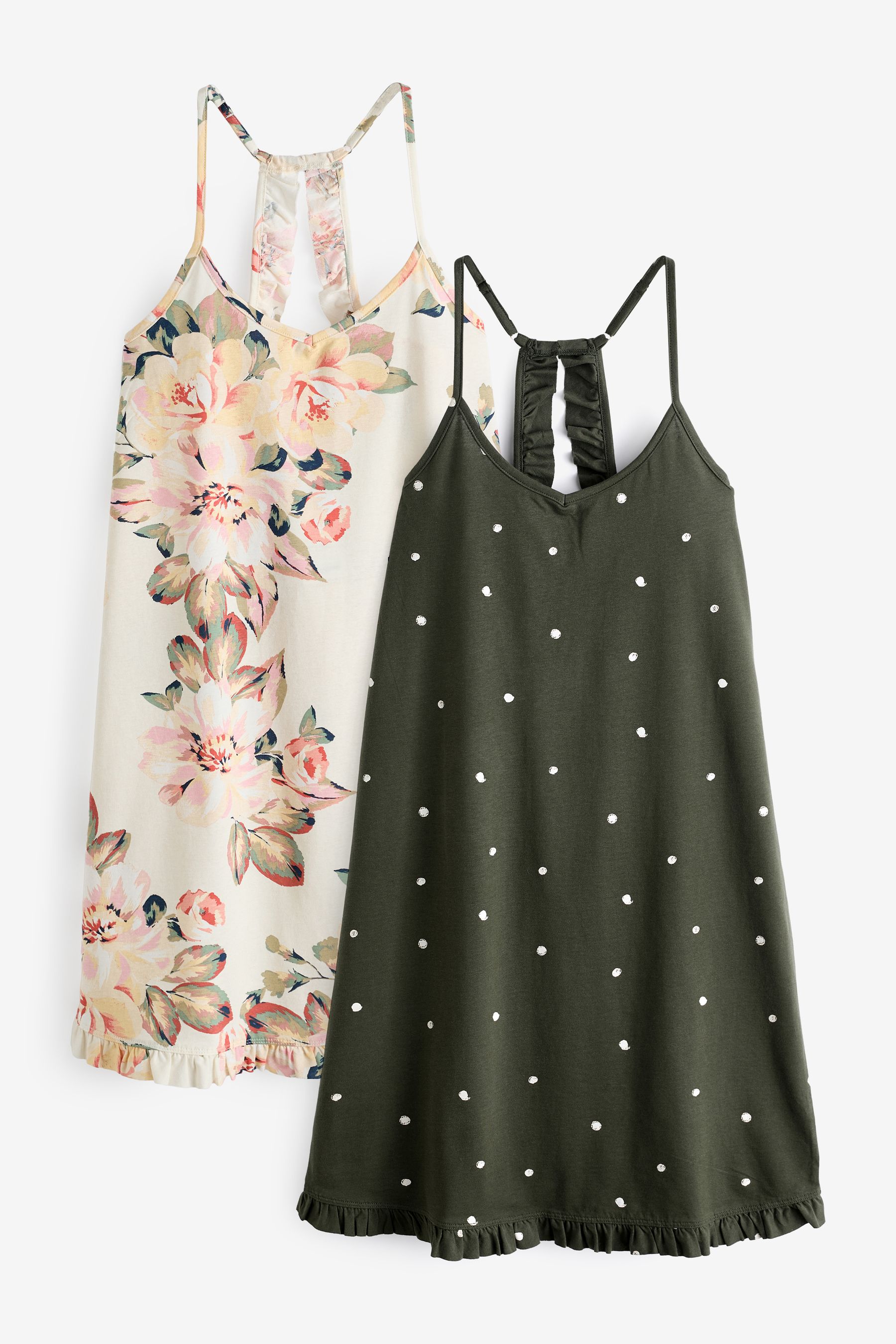 Khaki Floral 100 Cotton Slip Nighties 2 Pack
