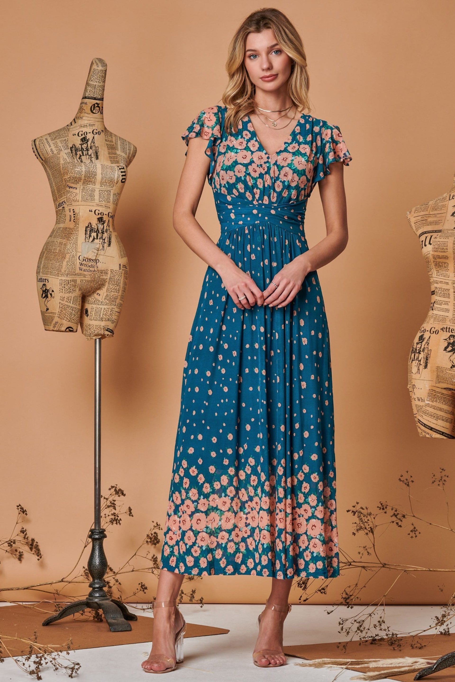 Jolie Moi Blue Carlii Symmetrical Print Mesh Maxi Dress - Image 4 of 5