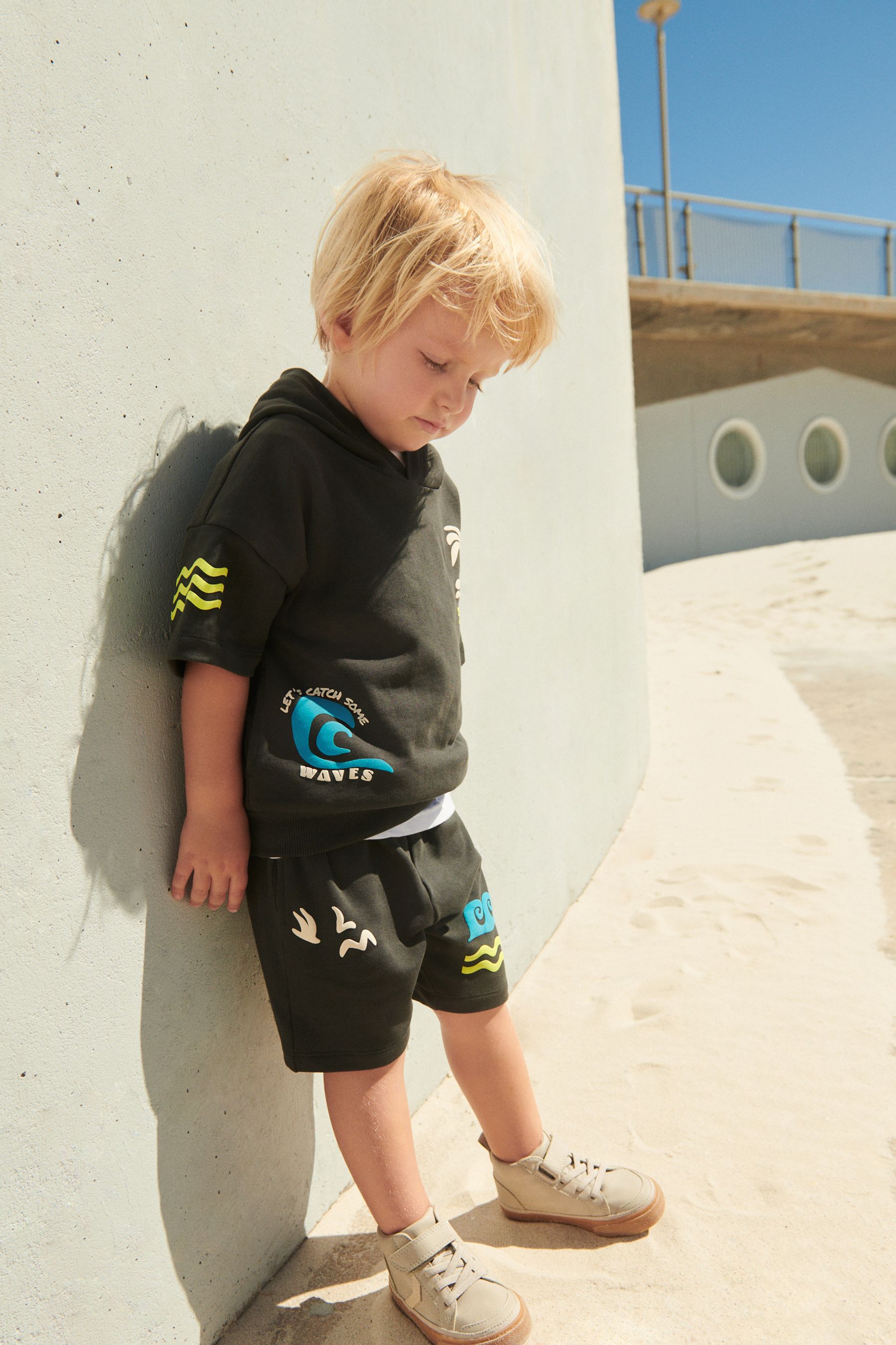 Buy Charcoal Grey Waves 100 Cotton Short Sleeve Hooded Sweatshirt and Shorts Set 3mths 7yrs from Next Ireland