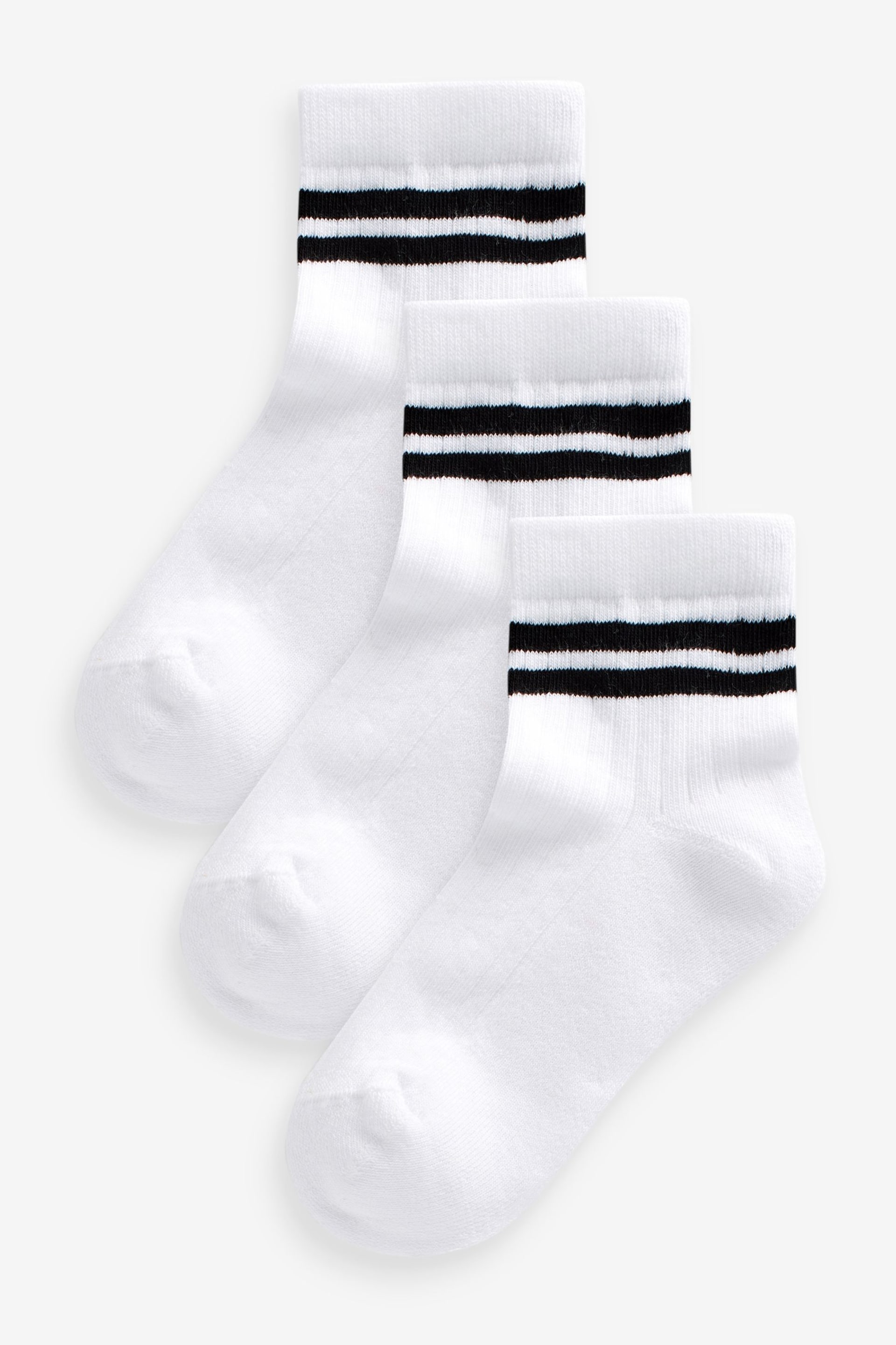 White Black Stripe Cropped Length Cotton Rich Cushioned Sole Ankle Socks 3 Pack - Image 1 of 2