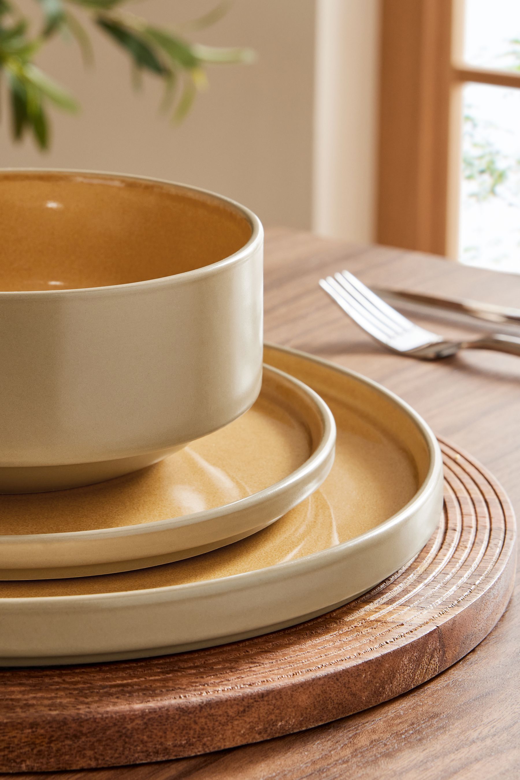NEXT Ochre Yellow Joni Reactive Glaze Dinner Set 12 Piece one Adult
