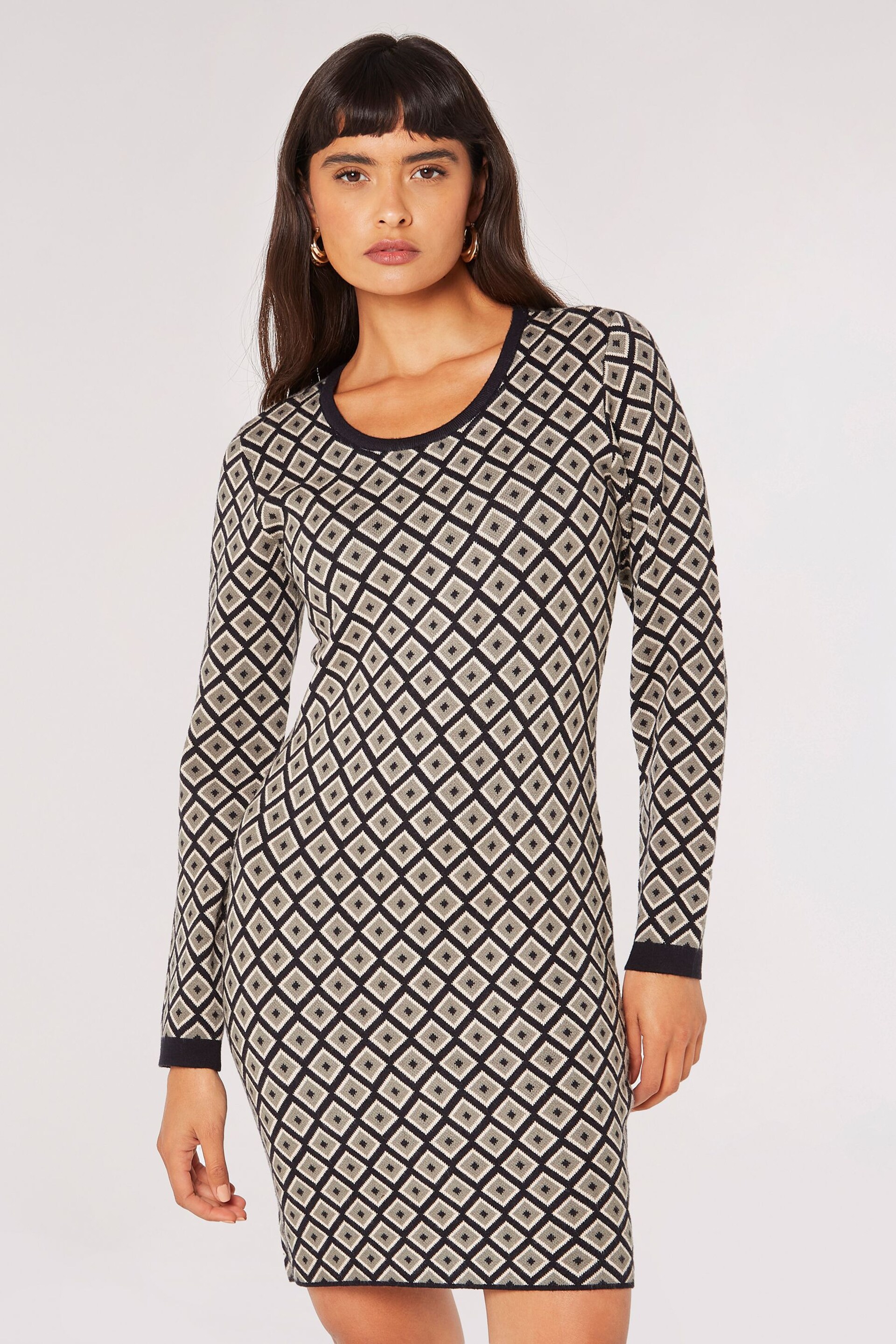 Apricot Black Geo Diamond Knitted Dress - Image 1 of 4