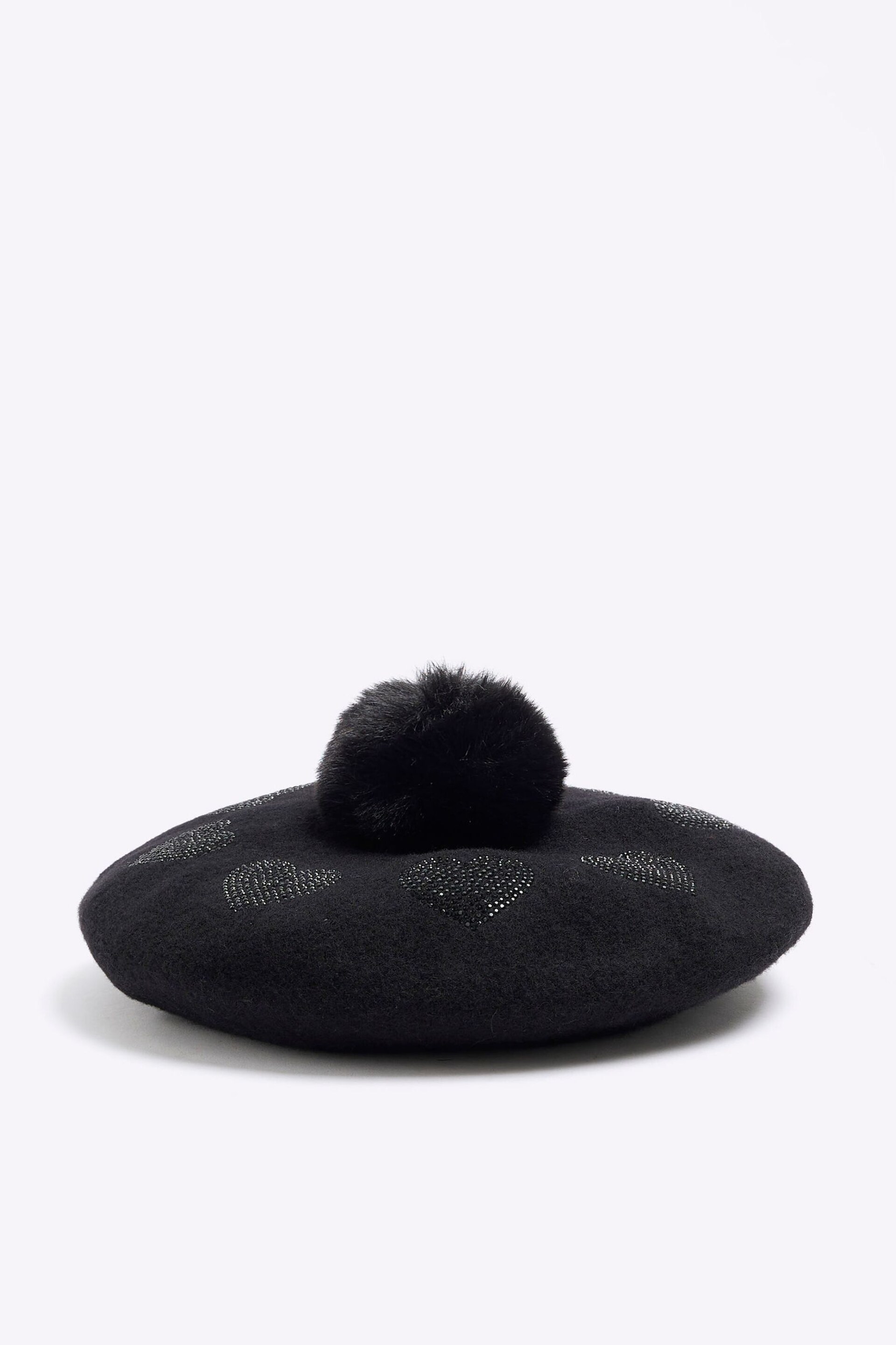 River Island Black Girls Heart Heatseal Beret Hat - Image 1 of 2