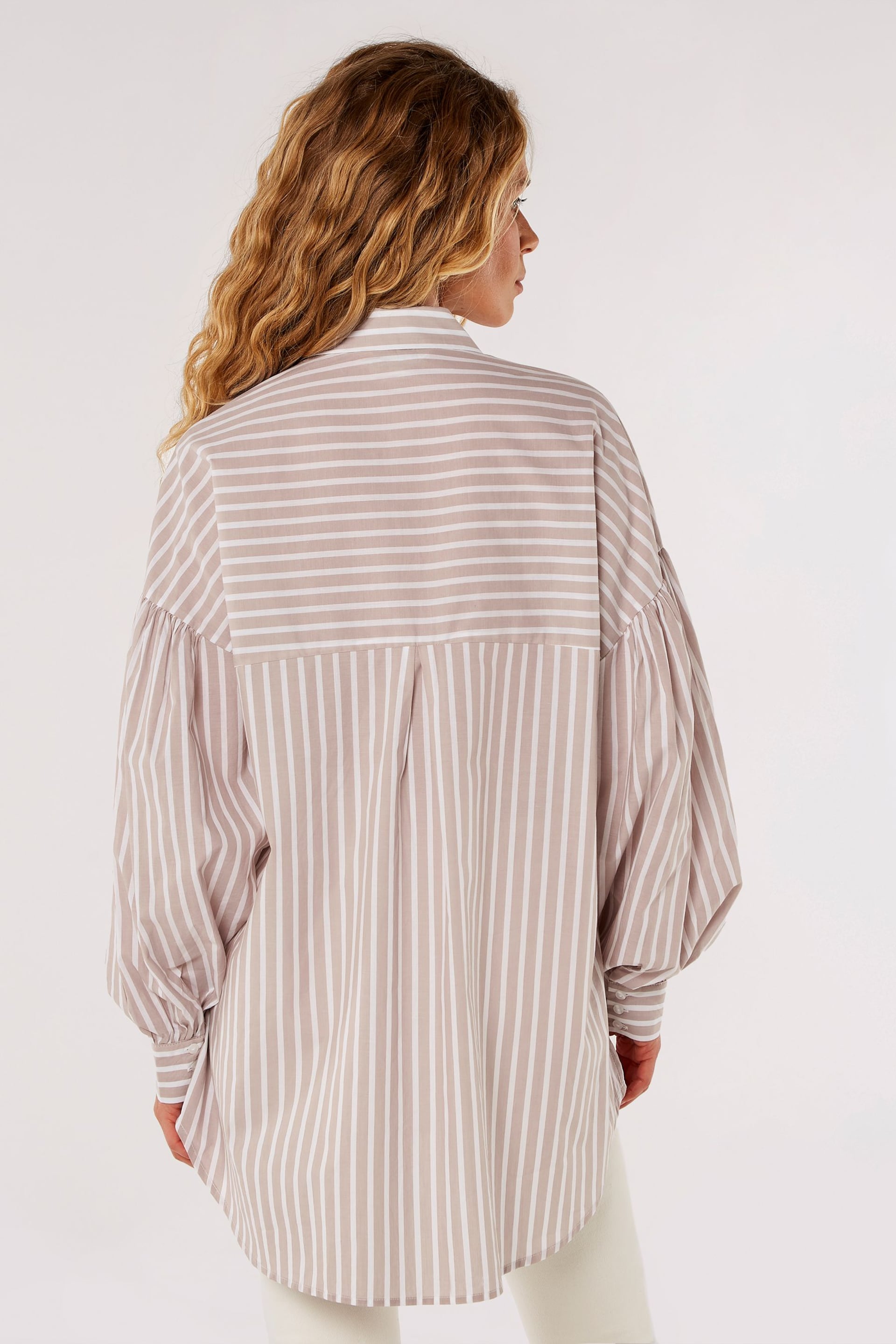 Apricot Brown Striped Long Balloon Sleeved Shirt - Image 2 of 4