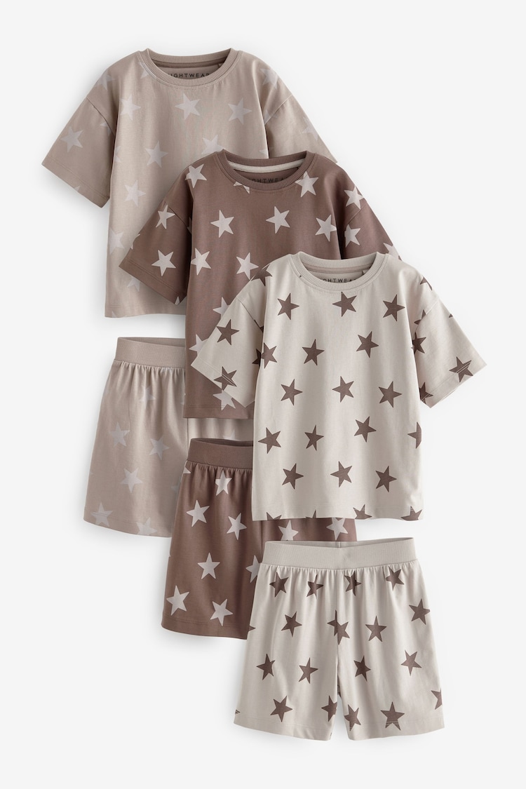 Brown/Cream Stars Short Pyjamas 3 Pack (9mths-12yrs) - Image 1 of 7