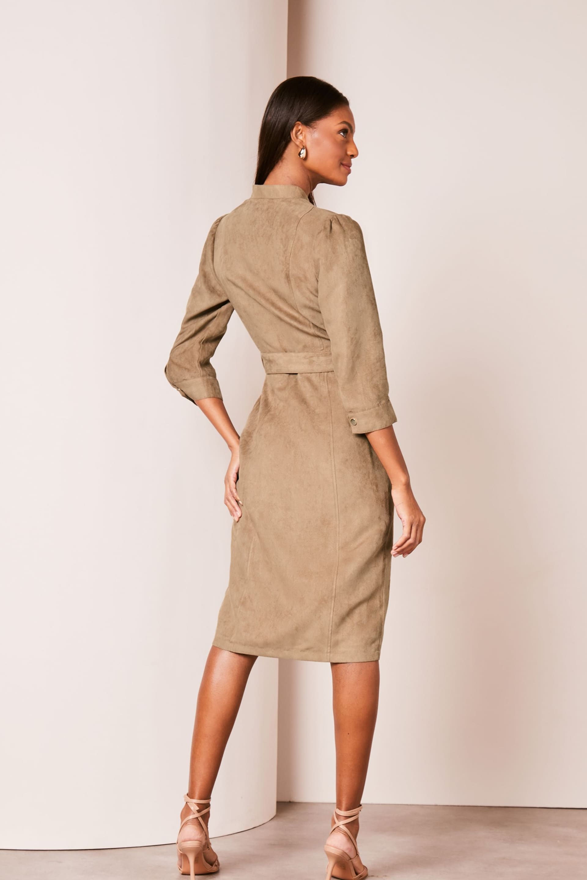 Lipsy Tan Suedette Collarless 3/4 Sleeve Belted Shirt Dress - Image 2 of 4