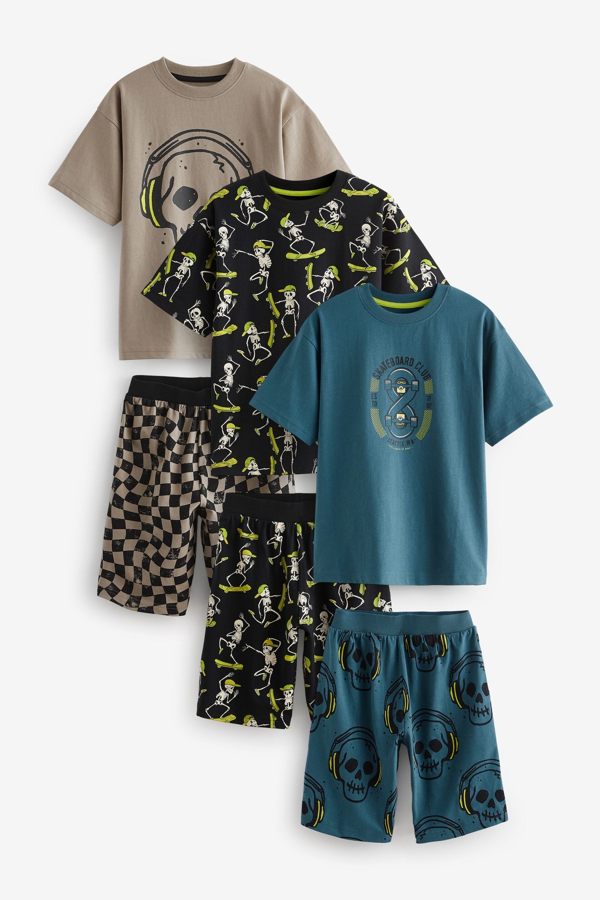 Black/Lime Skull Checkerboard Short Pyjamas 3 Pack (3-16yrs) - Image 5 of 10