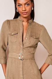 Lipsy Suedette Tan Petite Collarless 3/4 Sleeve Belted Shirt Dress - Image 3 of 4