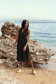 Threadbare Black Linen Blend V-Neck Sleeveless Ruched Midi Dress - Image 1 of 4