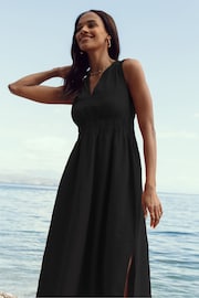 Threadbare Black Linen Blend V-Neck Sleeveless Ruched Midi Dress - Image 2 of 4