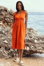 Threadbare Orange Linen Blend V-Neck Sleeveless Ruched Midi Dress - Image 1 of 4