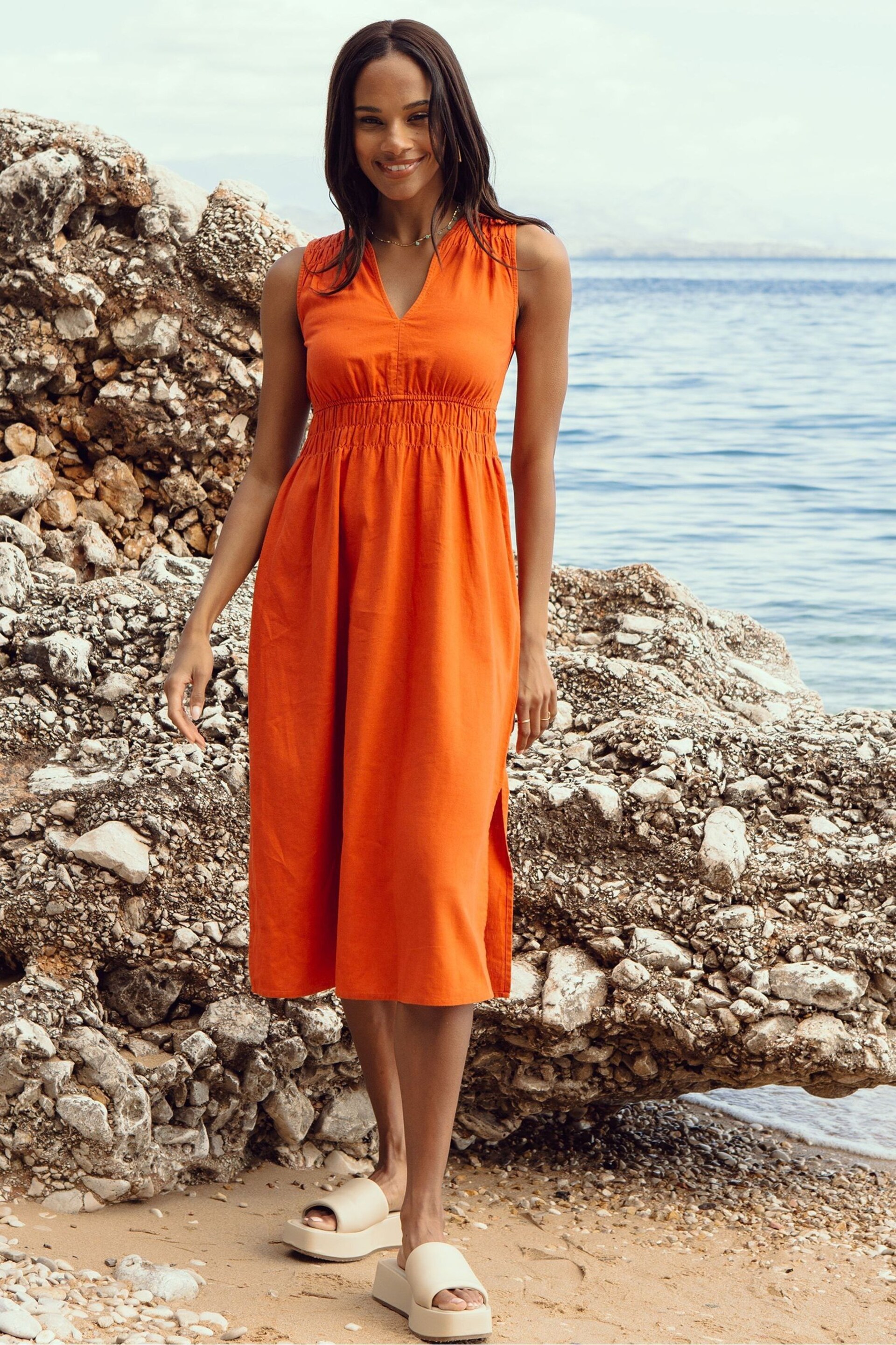 Threadbare Orange Linen Blend V-Neck Sleeveless Ruched Midi Dress - Image 1 of 4
