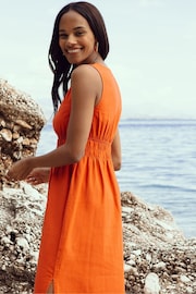 Threadbare Orange Linen Blend V-Neck Sleeveless Ruched Midi Dress - Image 2 of 4