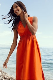 Threadbare Orange Linen Blend V-Neck Sleeveless Ruched Midi Dress - Image 3 of 4