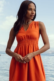 Threadbare Orange Linen Blend V-Neck Sleeveless Ruched Midi Dress - Image 4 of 4