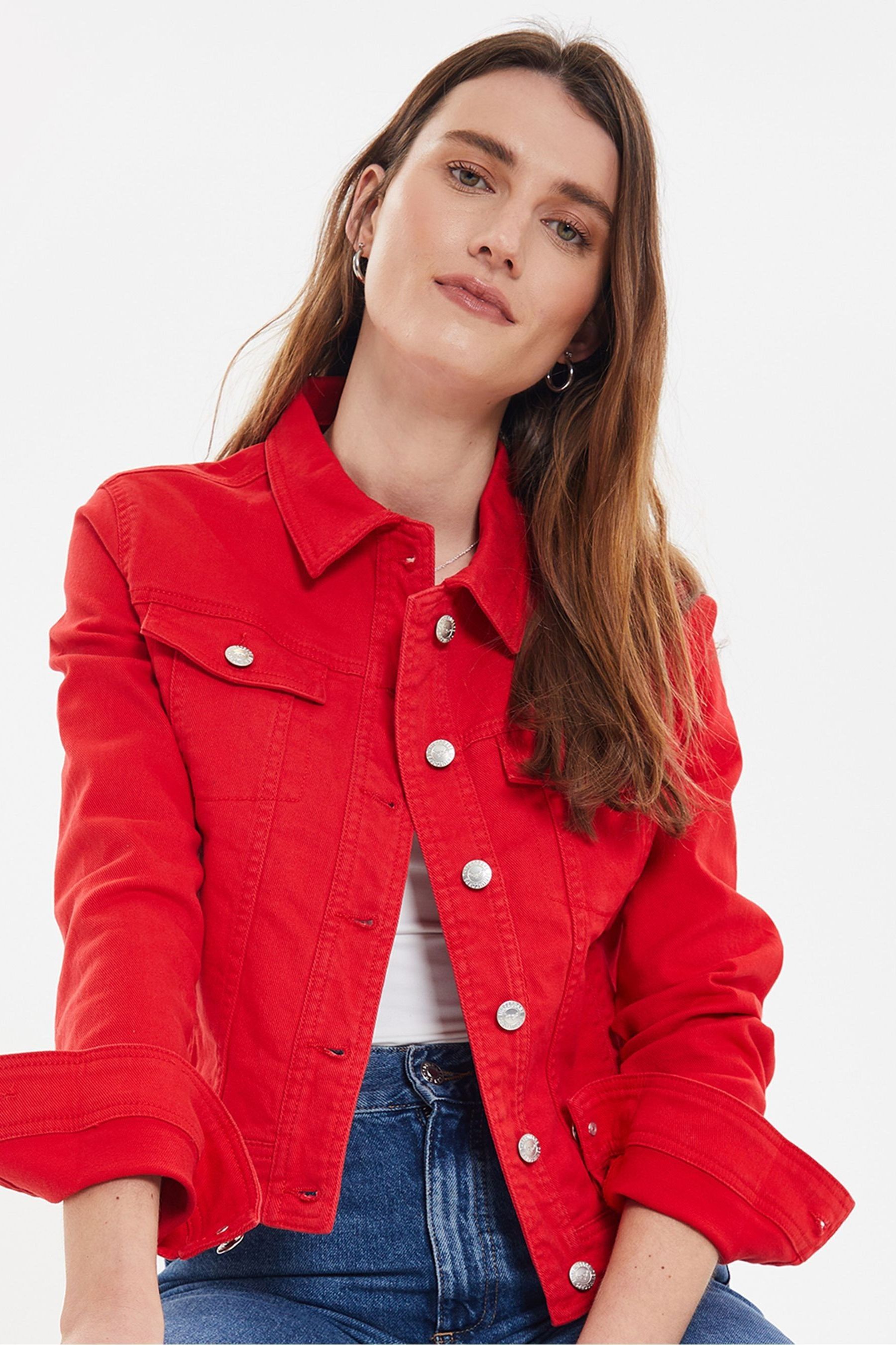 Red shirt denim jacket top