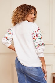 Love & Roses Ivory White Petite V Neck Embroidered Sleeve Jersey Top - Image 2 of 4