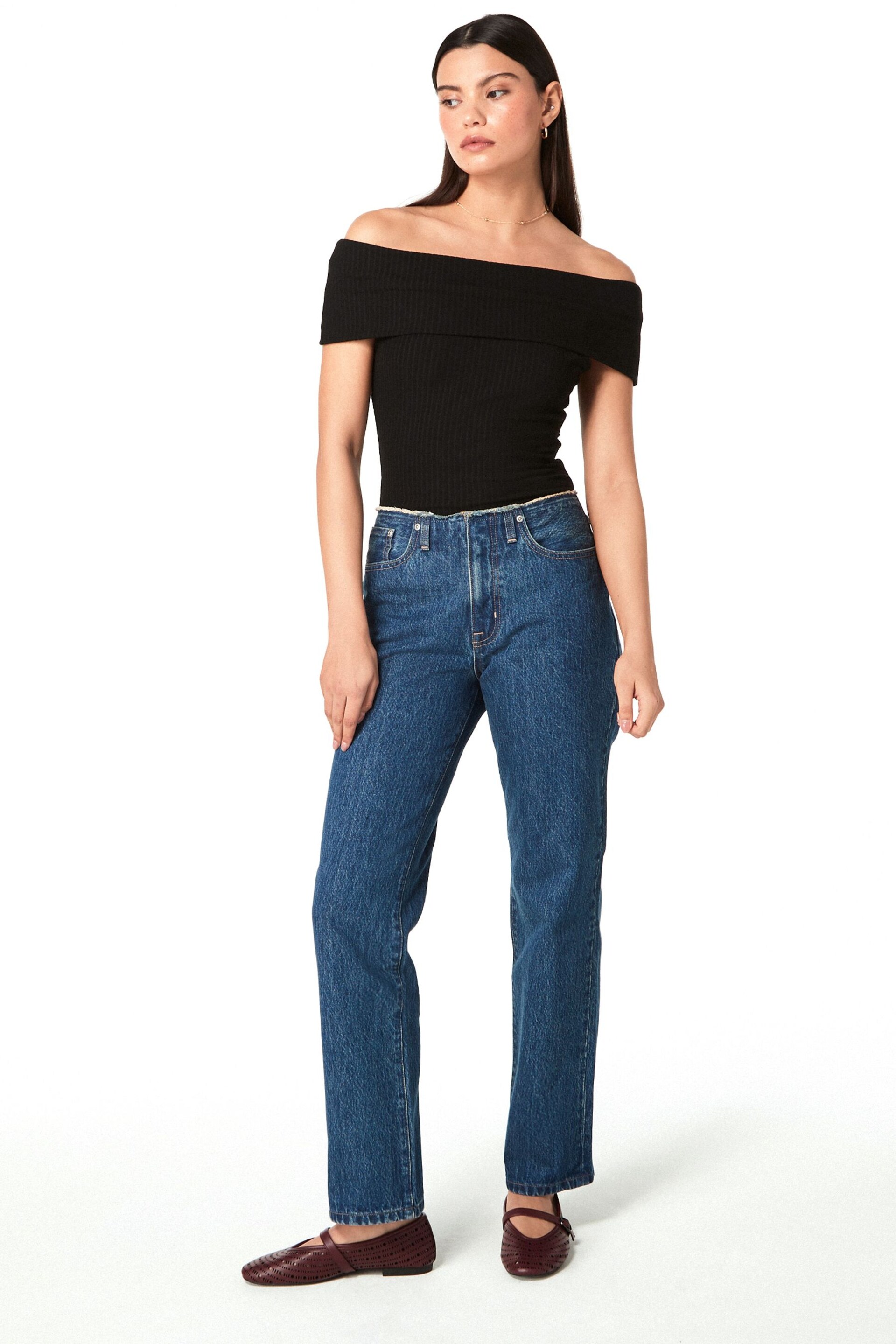 Dark Blue Raw Waistband Straight Leg Jeans - Image 1 of 6