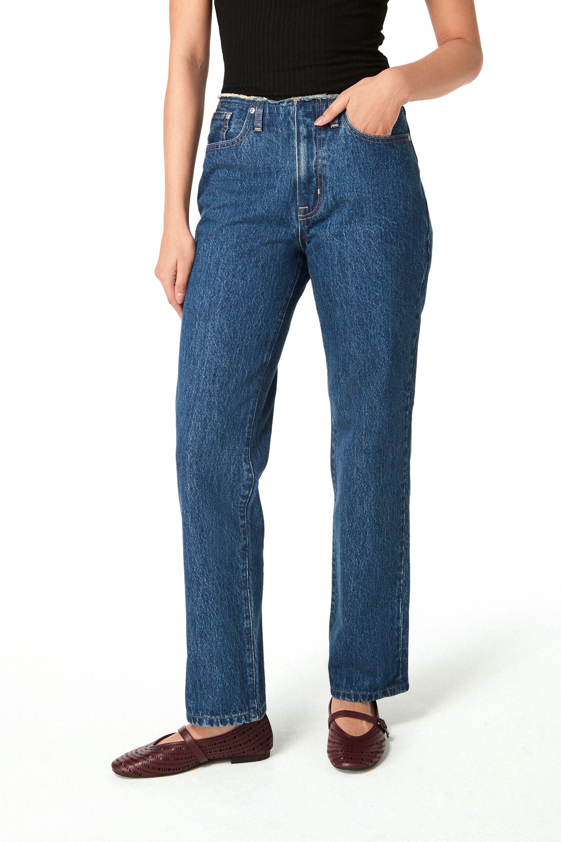 Dark Blue Raw Waistband Straight Leg Jeans - Image 2 of 6