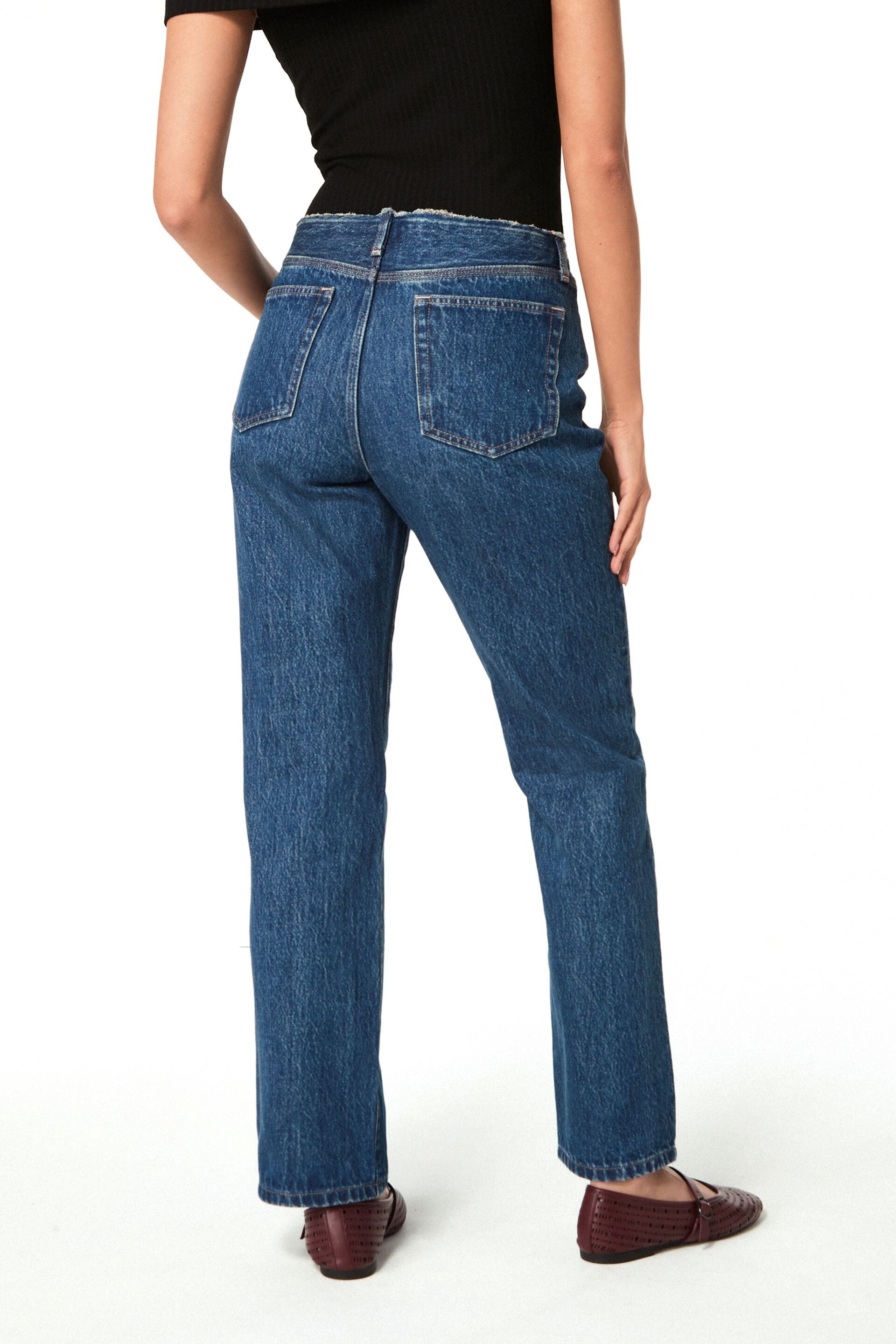 Dark Blue Raw Waistband Straight Leg Jeans - Image 3 of 6