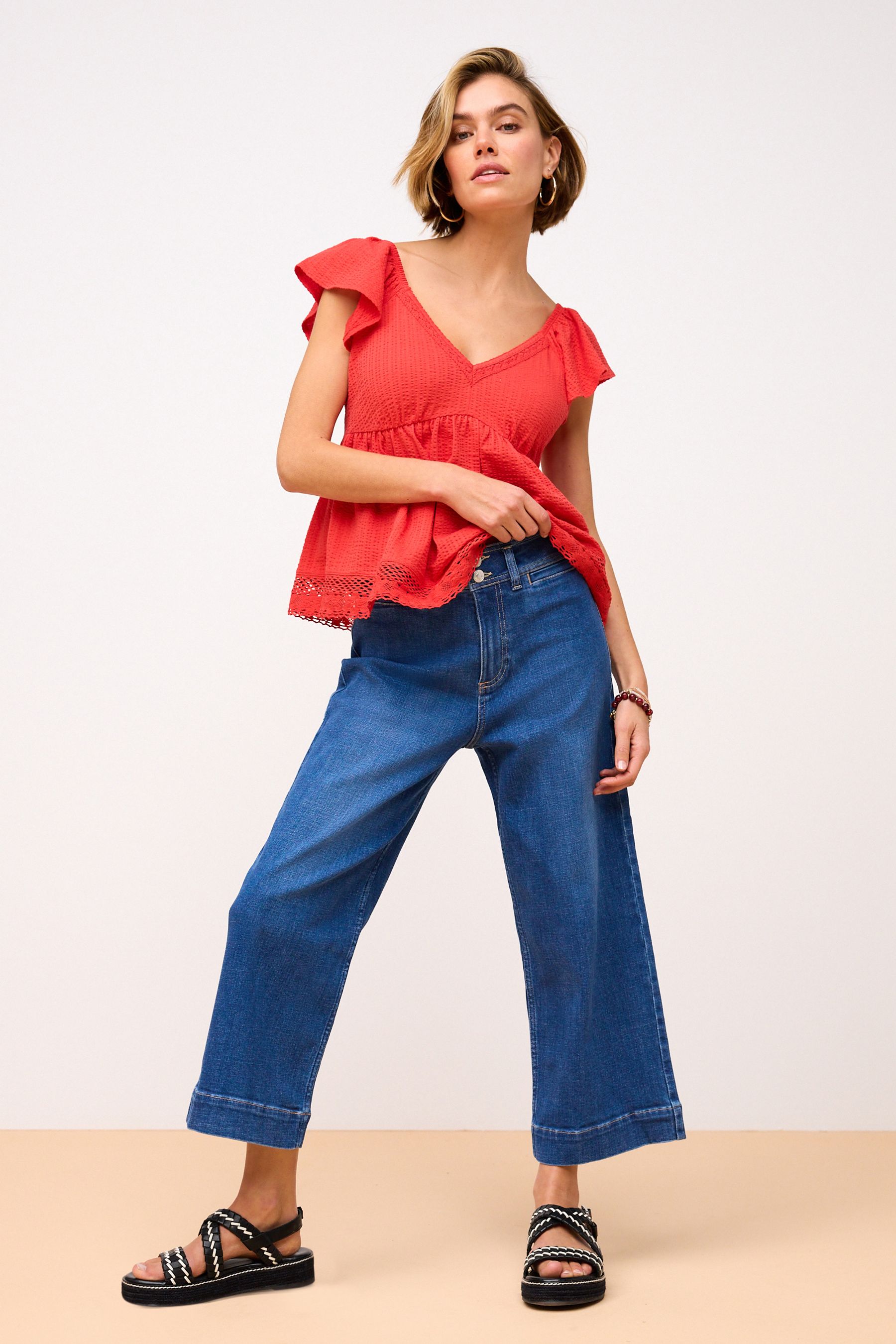 Buy Dark Blue Double Button Cropped Wide Leg Jeans from Next Luxembourg