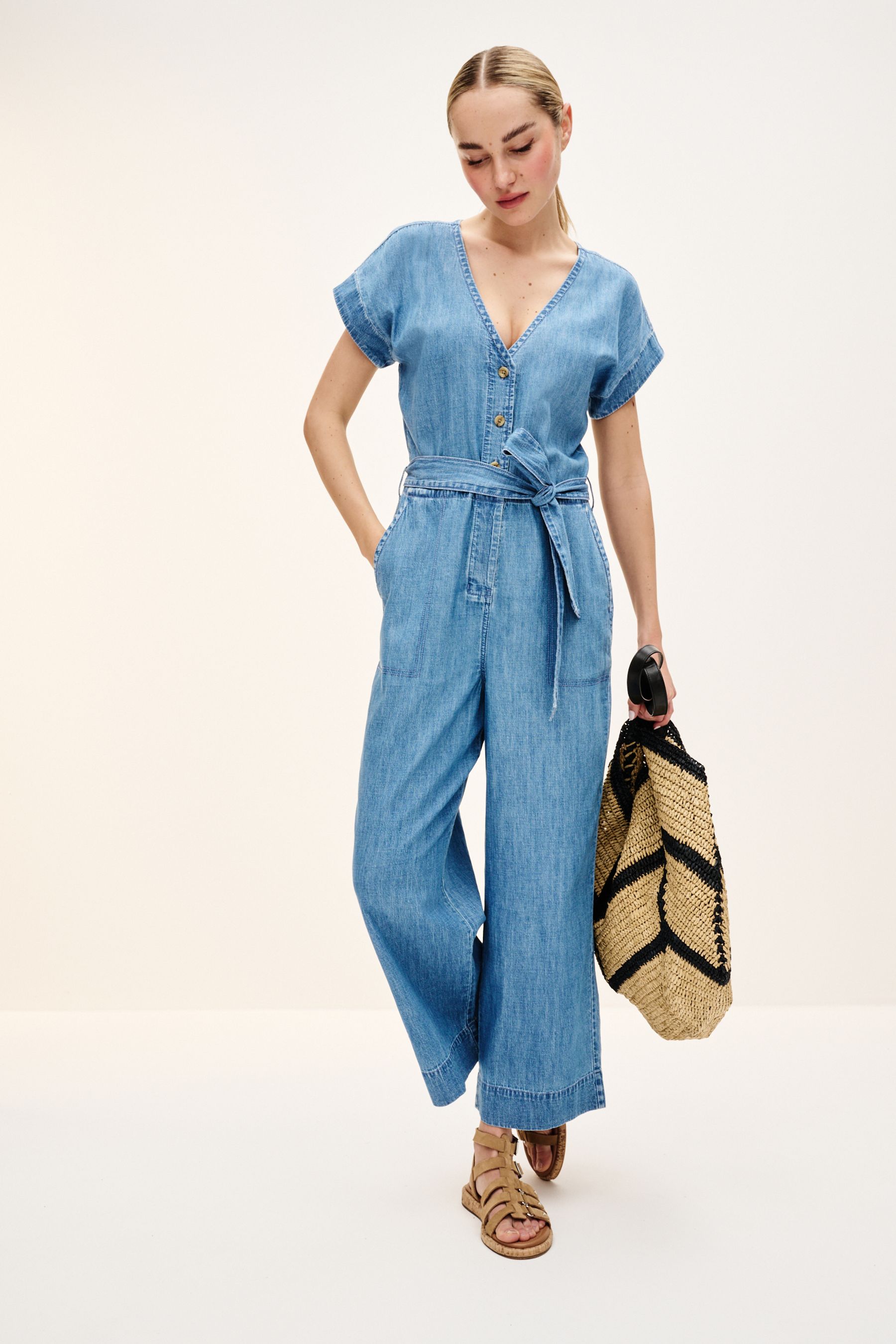 Belted denim jumpsuit new arrivals