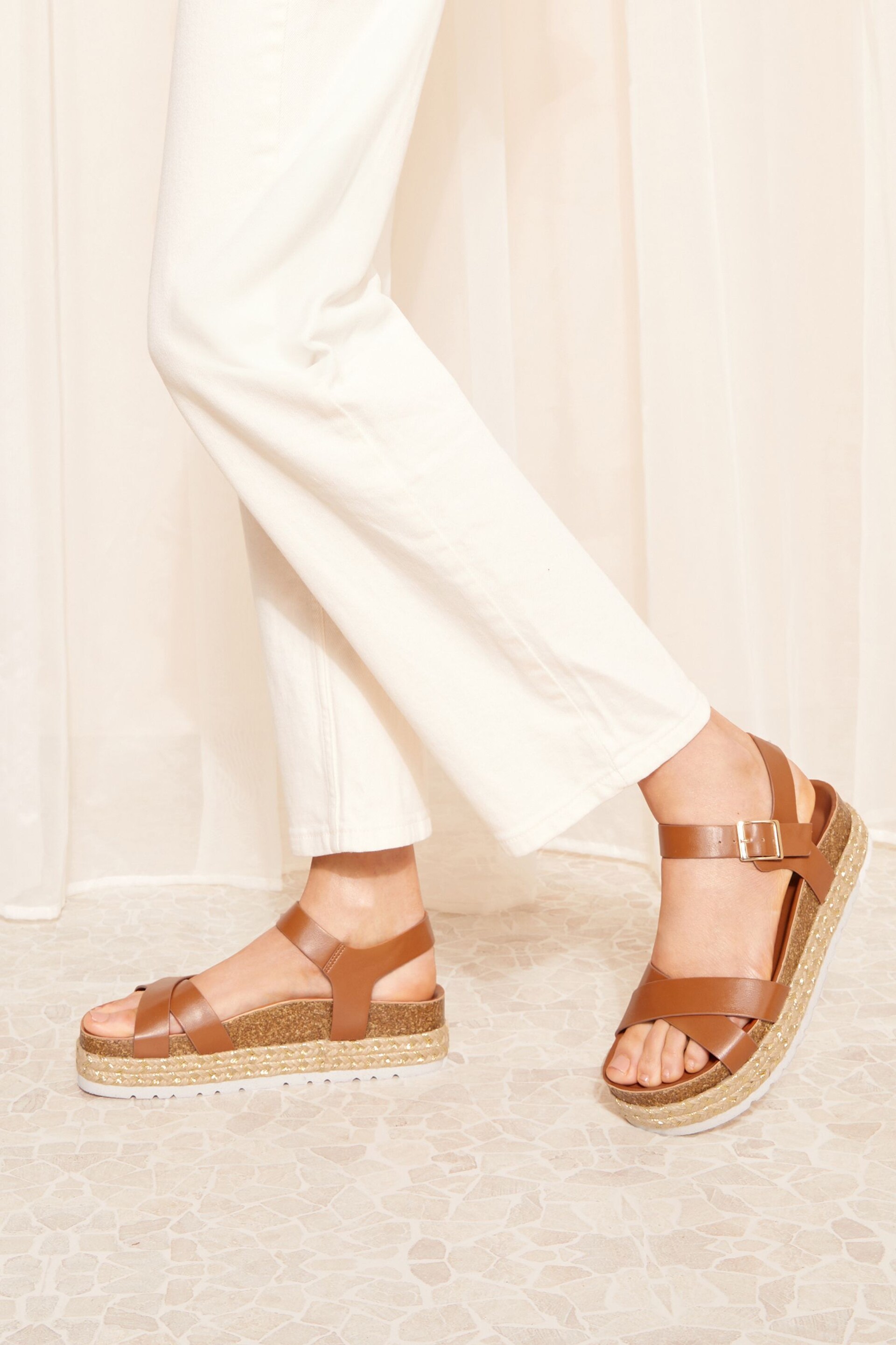 Friends Like These Brown Wide FIt Cross Strap Faux Leather Flatform Sandal - Image 2 of 4