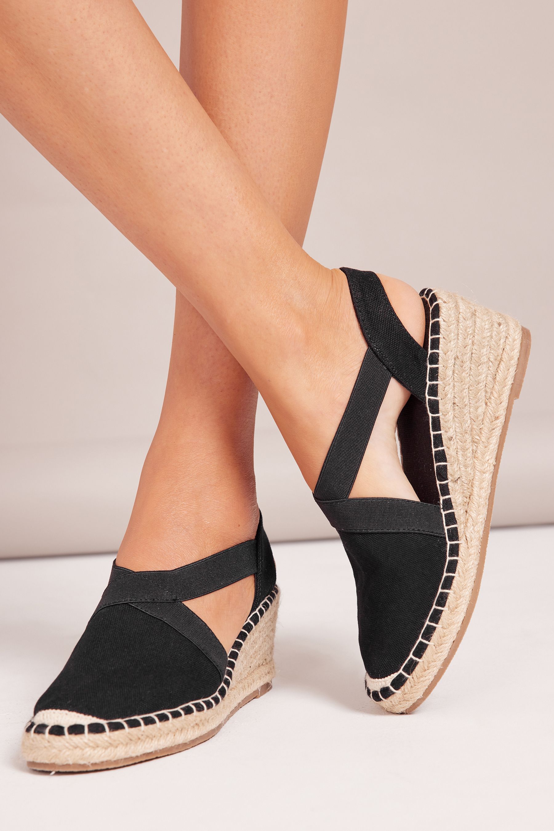 Friends Like These Black Regular Fit Closed Toe Elastic Strap Espadrille Wedge Shoe