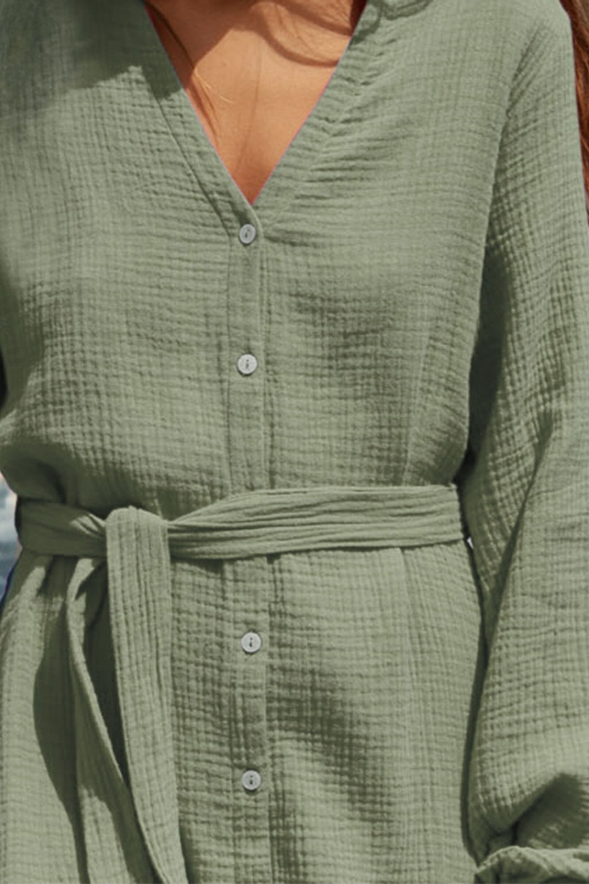 Threadbare Green Grandad Collar Belted Shirt Dress - Image 4 of 4