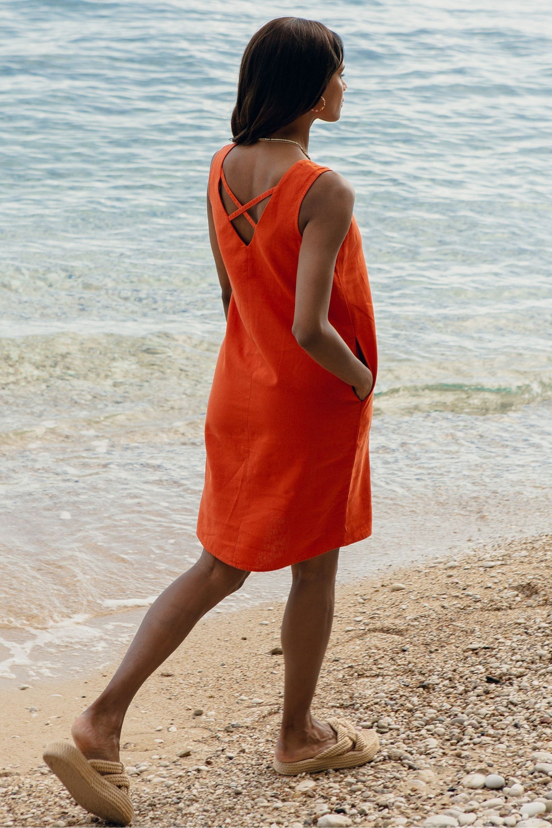 Buy Threadbare Orange Linen Blend V Neck Shift Dress from Next United Arab Emirates