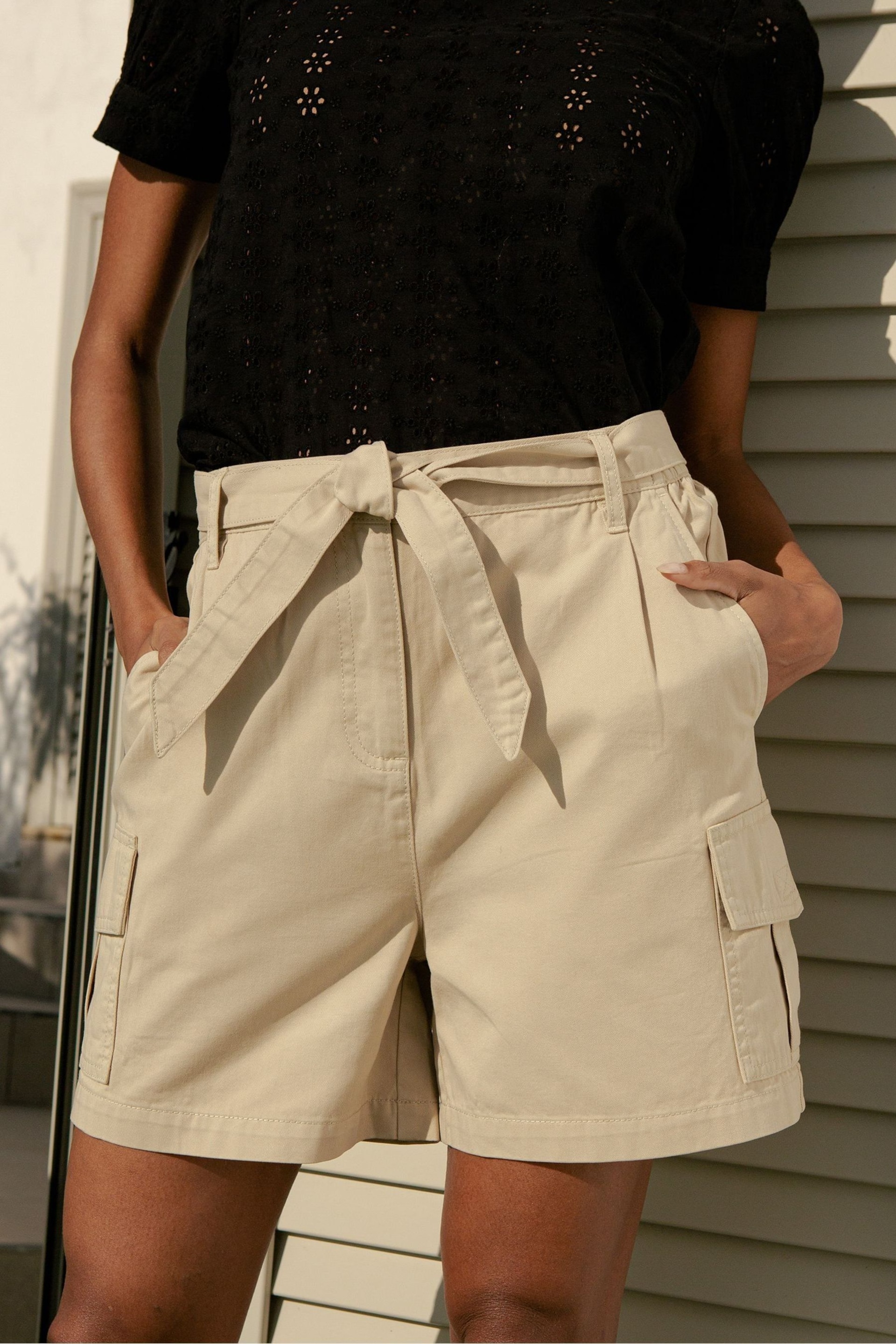 Threadbare Cream Cotton Belted Cargo Shorts - Image 1 of 4