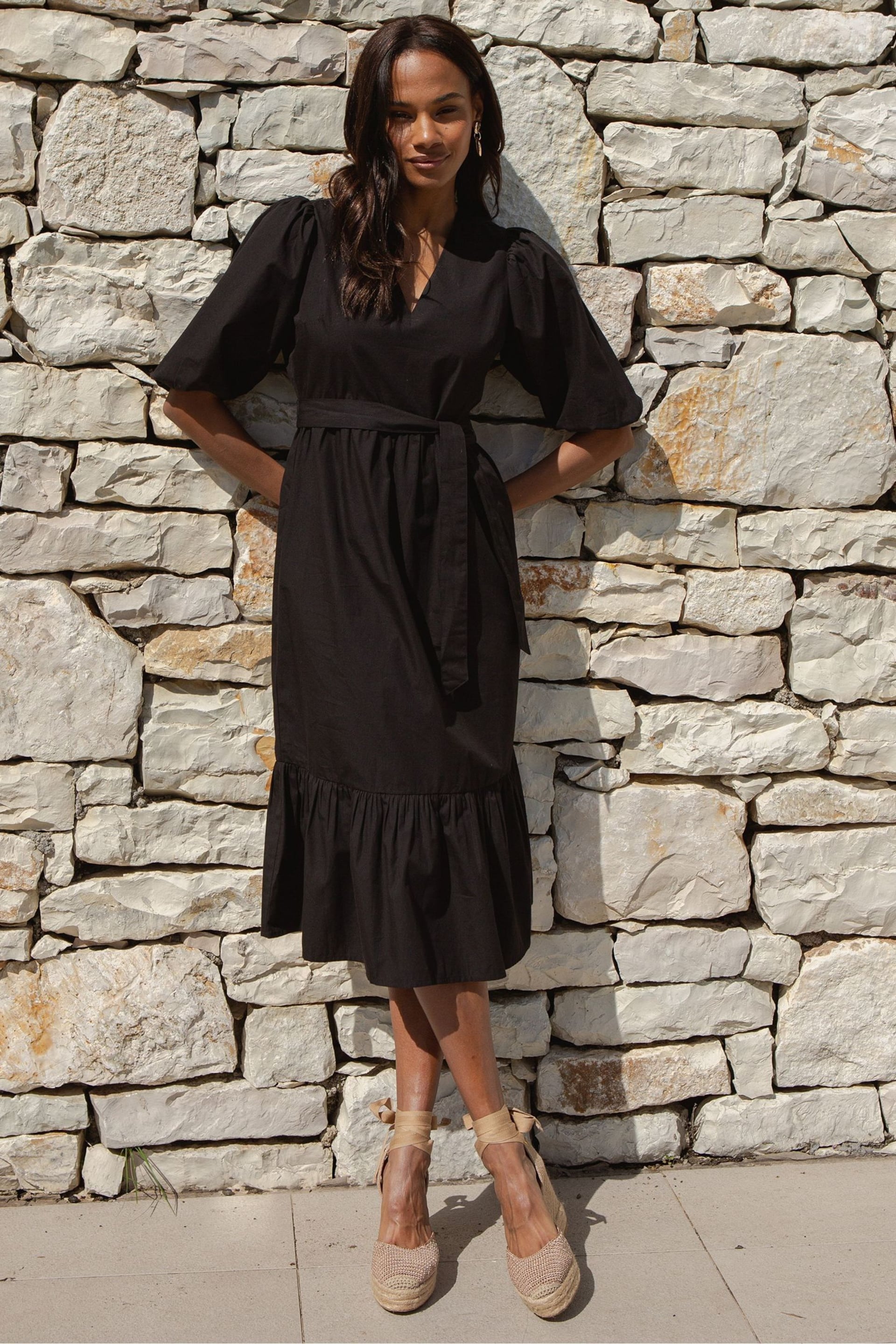 Threadbare Black Cotton Poplin Tiered Midi Dress - Image 1 of 4