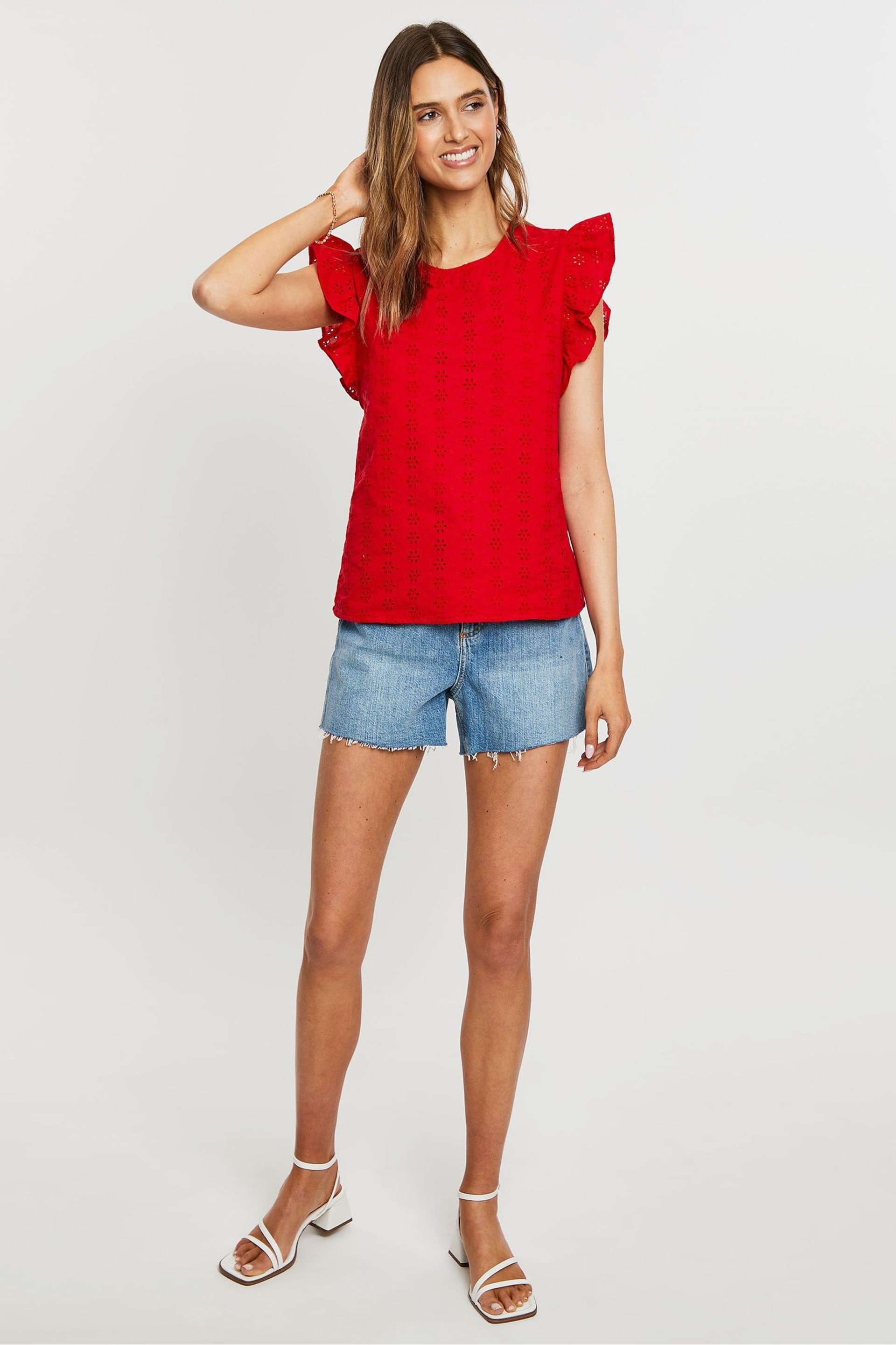 Threadbare Red Cotton Broderie Frill Sleeve Blouse - Image 3 of 4