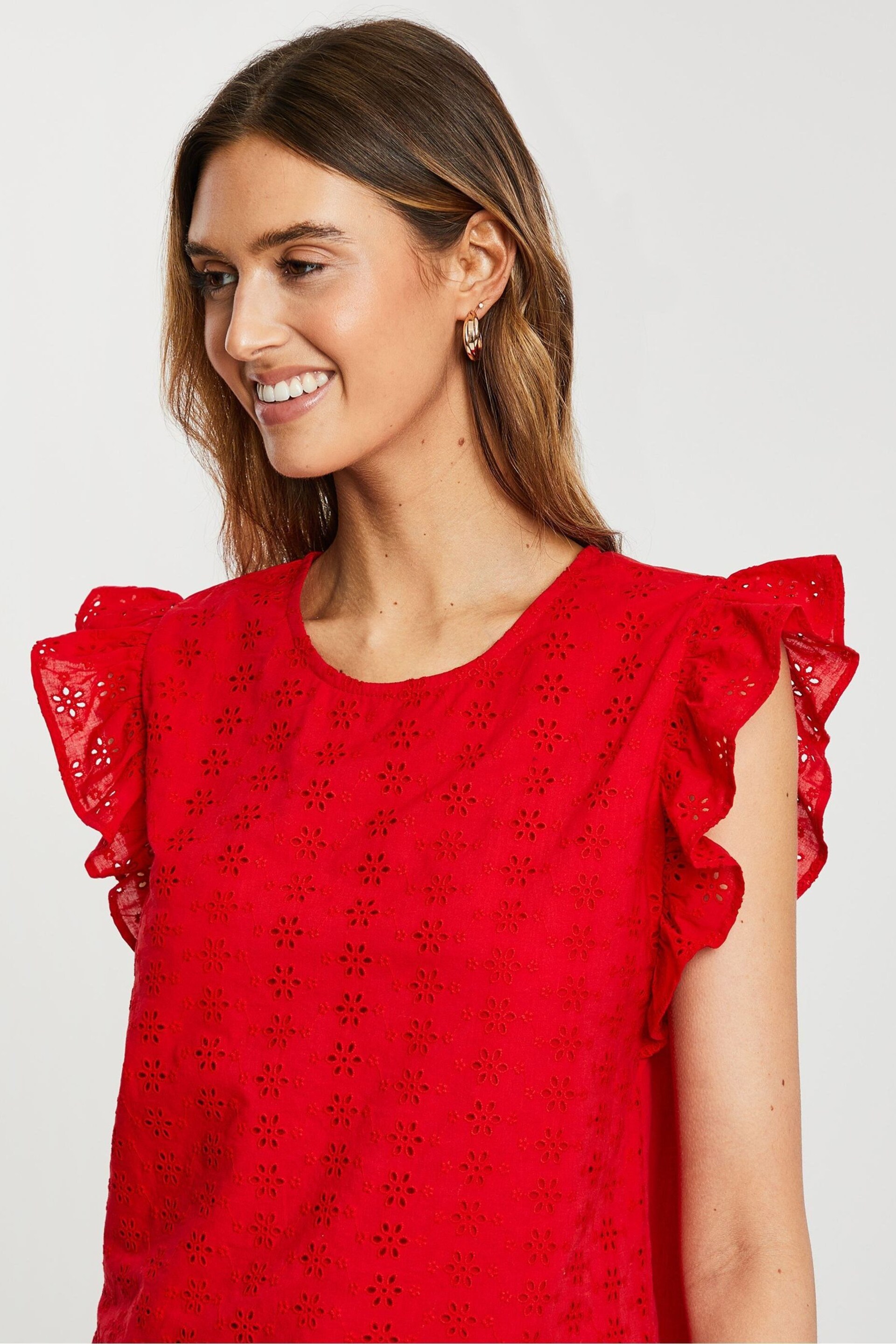 Threadbare Red Cotton Broderie Frill Sleeve Blouse - Image 4 of 4