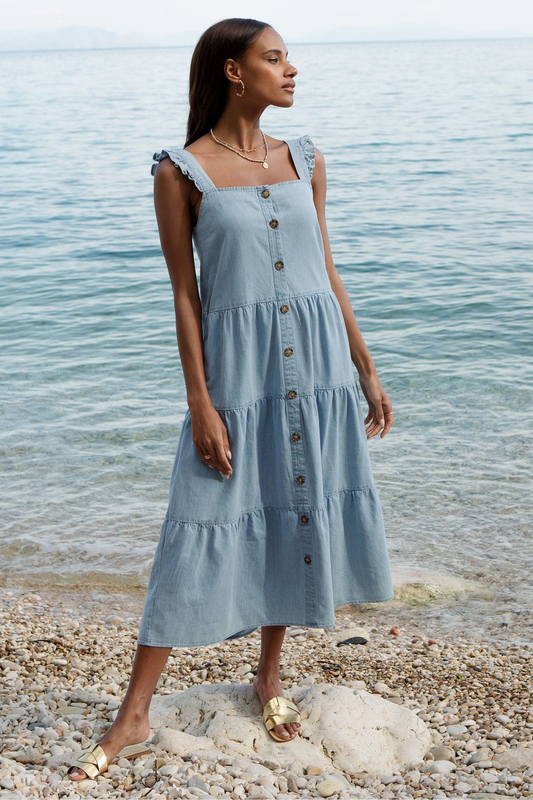 Buy Threadbare Blue 100 Cotton Linen Blend Tiered Midi Dress from the Next UK online shop