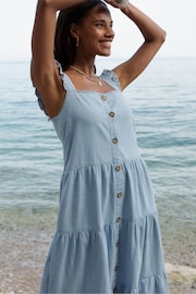 Threadbare Blue 100% Cotton Linen Blend Tiered Midi Dress - Image 3 of 4